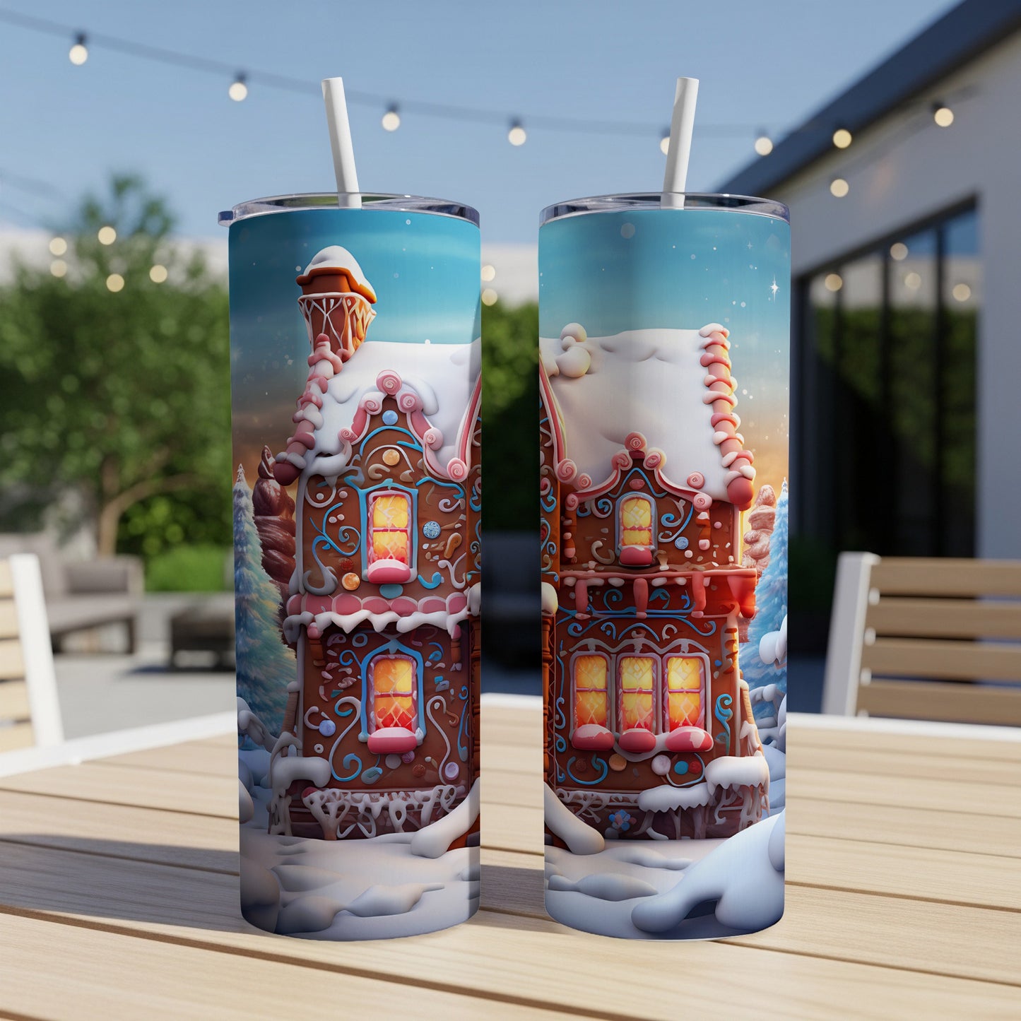 Two tumblers decorated with a whimsical gingerbread house in a snowy winter scene.