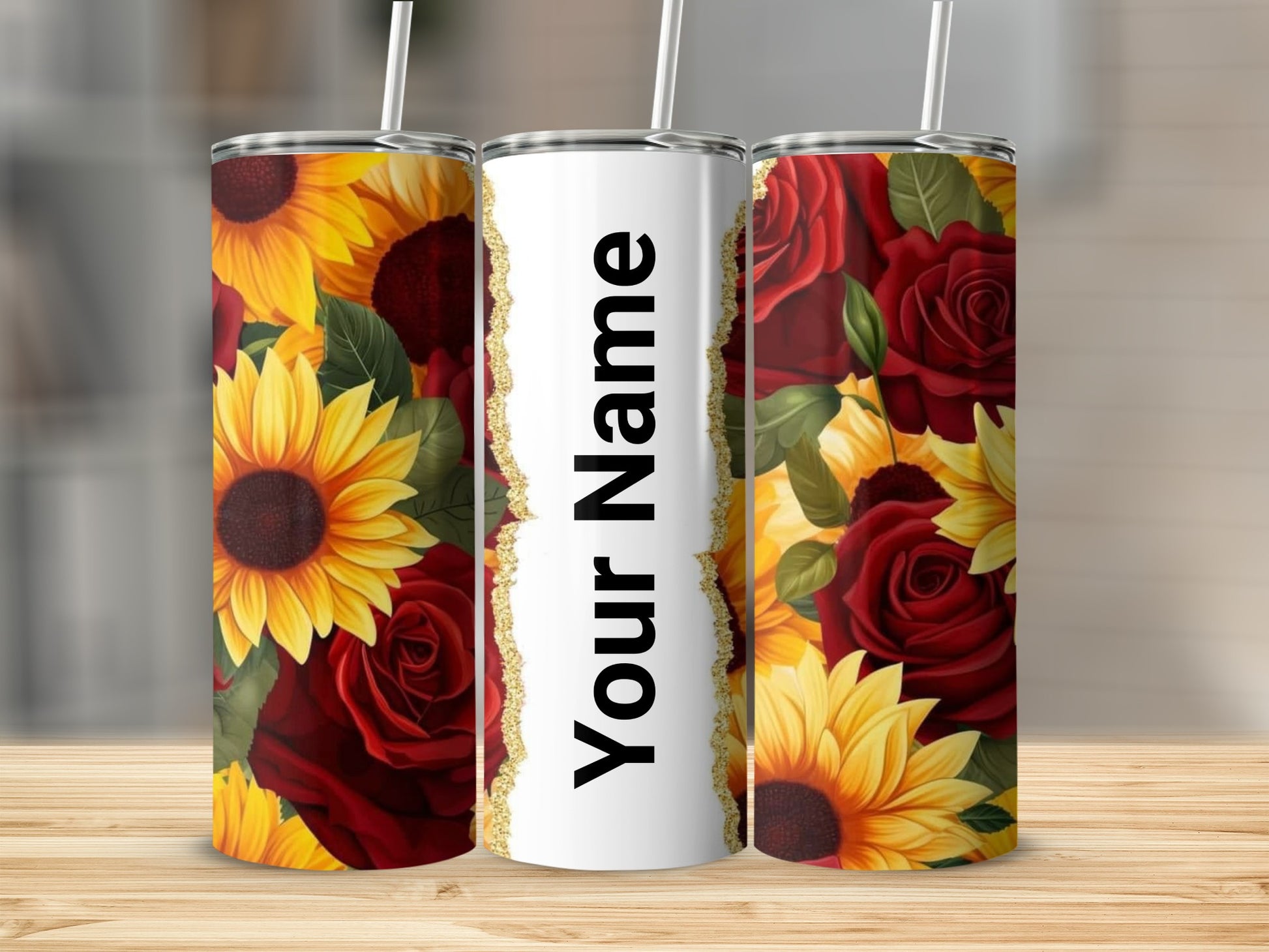 Personalized Floral Sunflower and Rose Design Tumbler