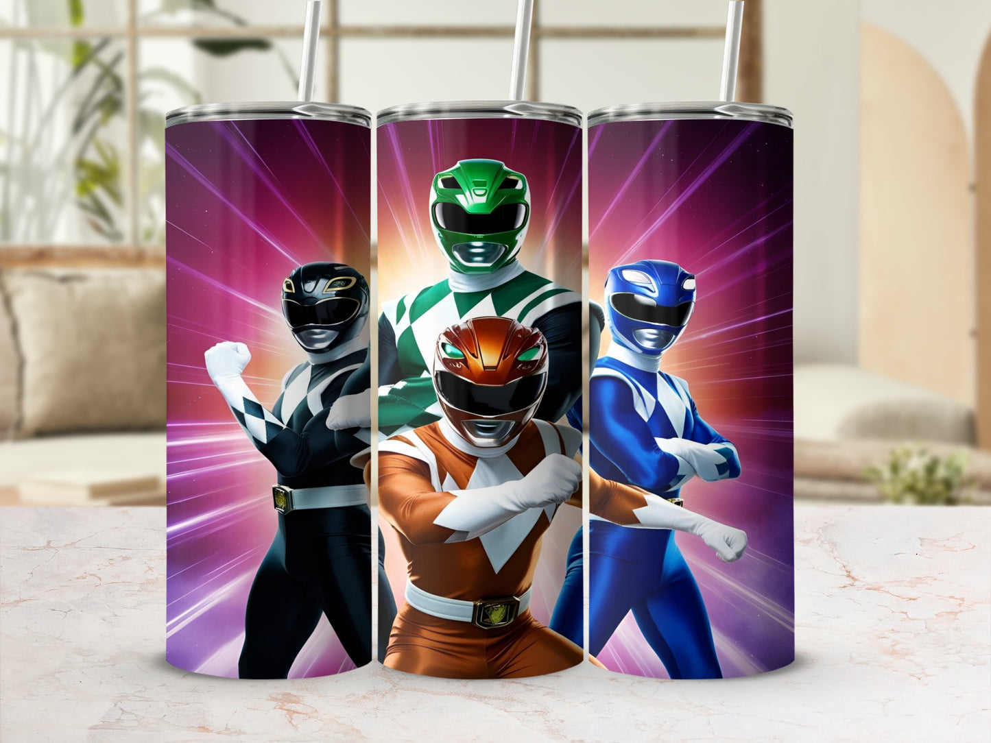 Four Power Rangers in costume stand in a line, with glowing energy effects.