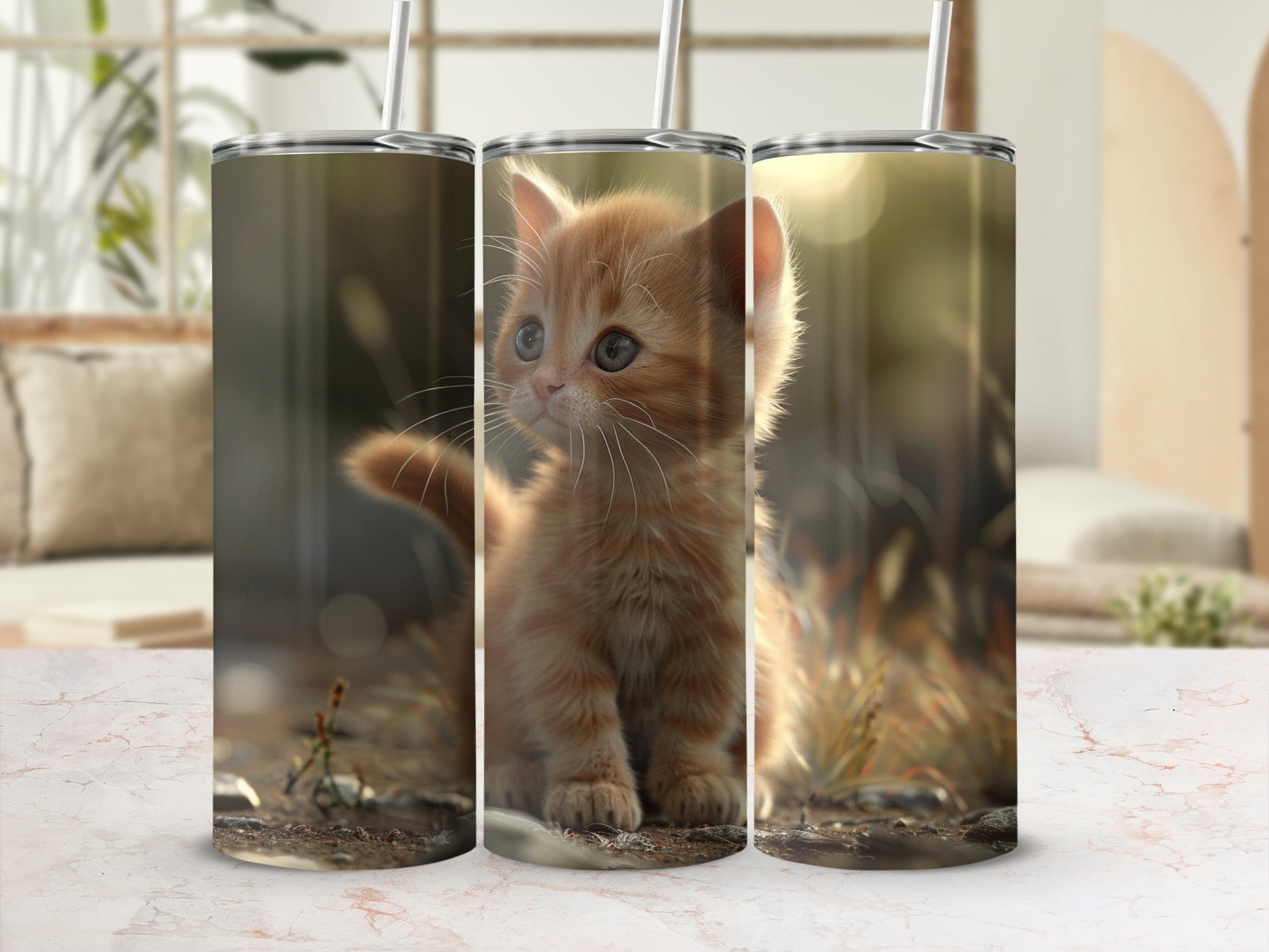 Kitten with fluffy fur and bright eyes on a wood surface.