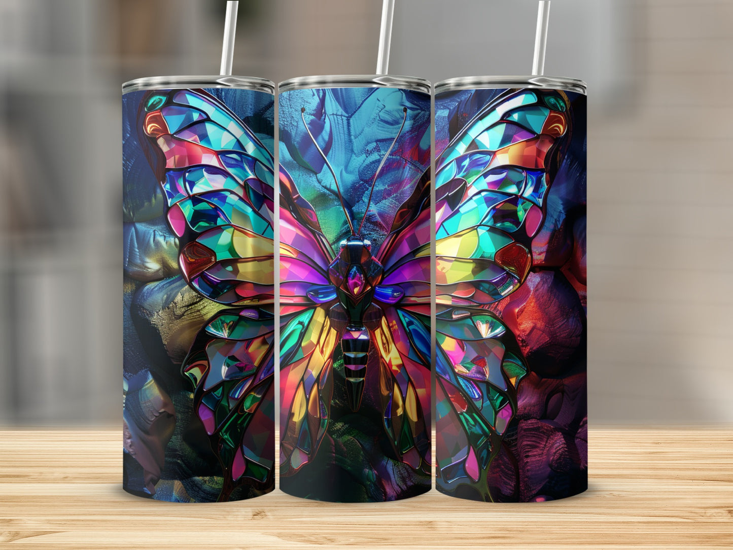 Three tumblers featuring a colorful, stained-glass butterfly design.