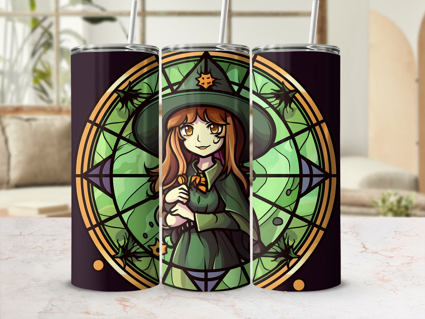 Cartoon witch with stained glass design on a tumbler.