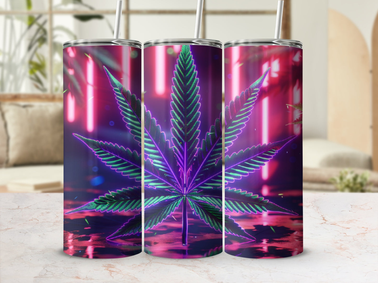 Tall tumbler with neon cannabis leaf design on reflective surface.