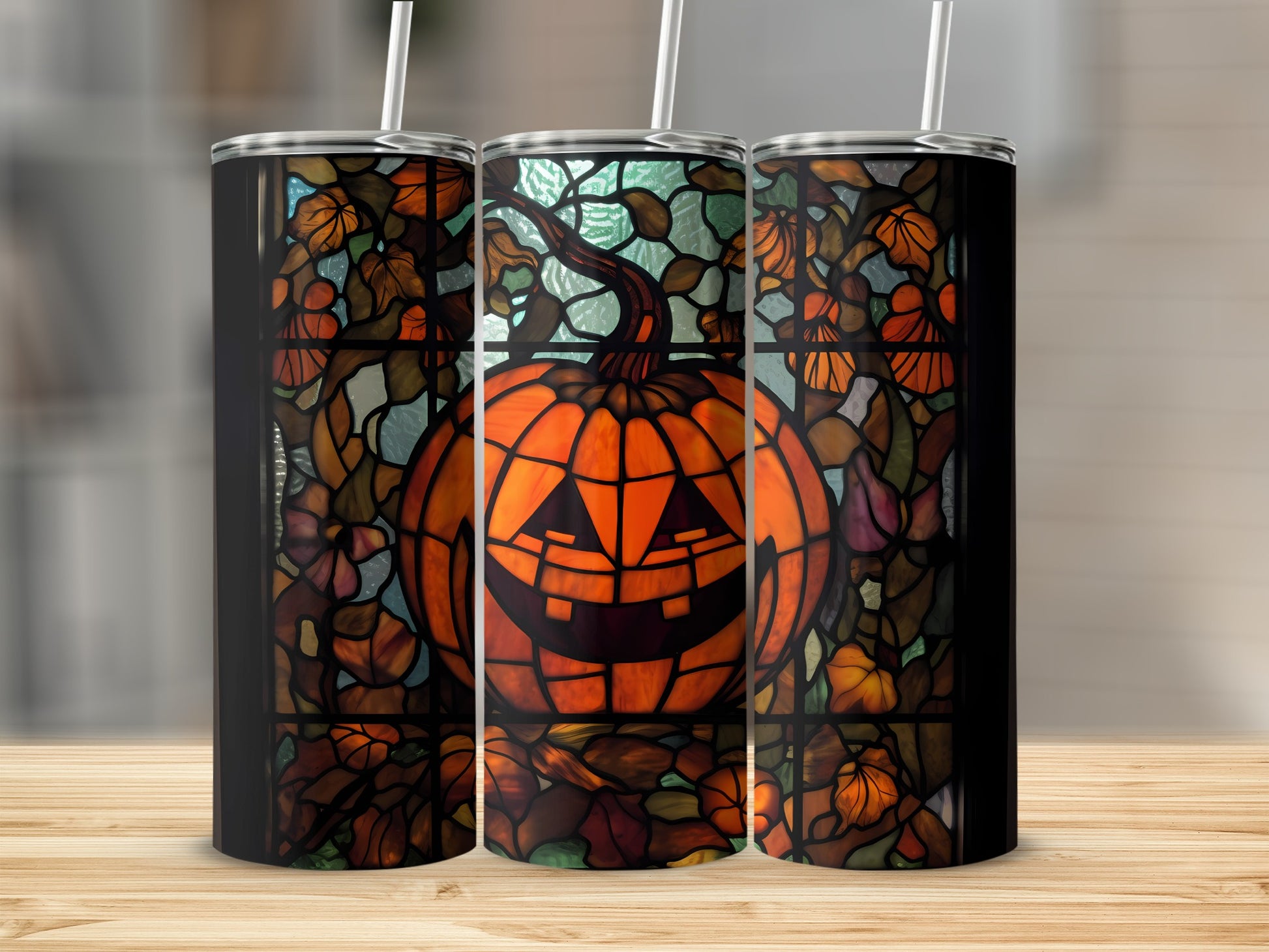 Halloween pumpkin stained glass tumbler with straw.