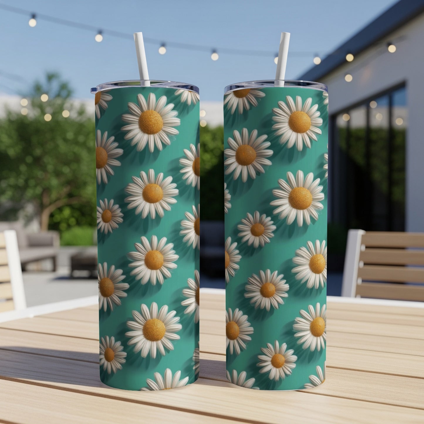 Two teal tumblers with repeating white daisy pattern on a table.