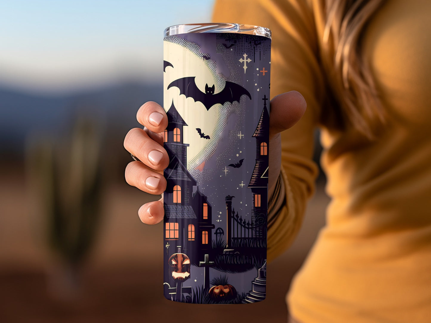 Spooky Halloween Haunted House and Bats Tumbler