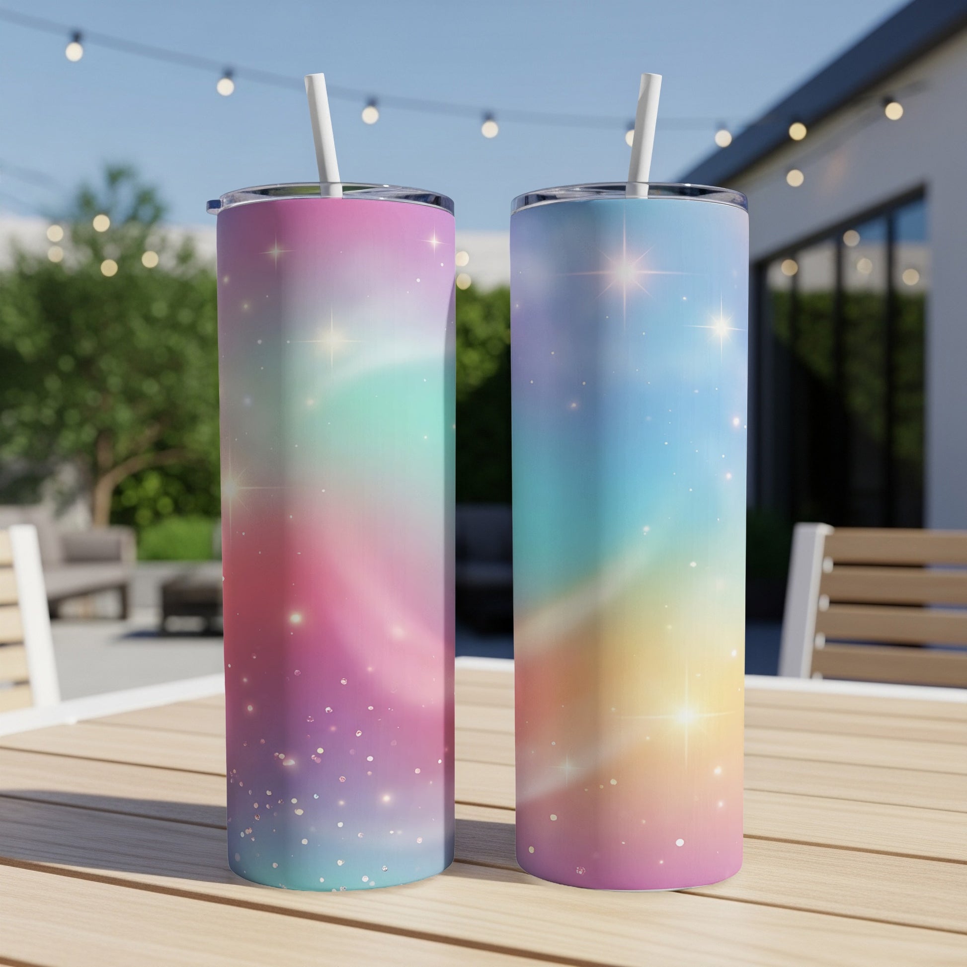 Two tumblers with a galaxy swirl design and glitter accents.