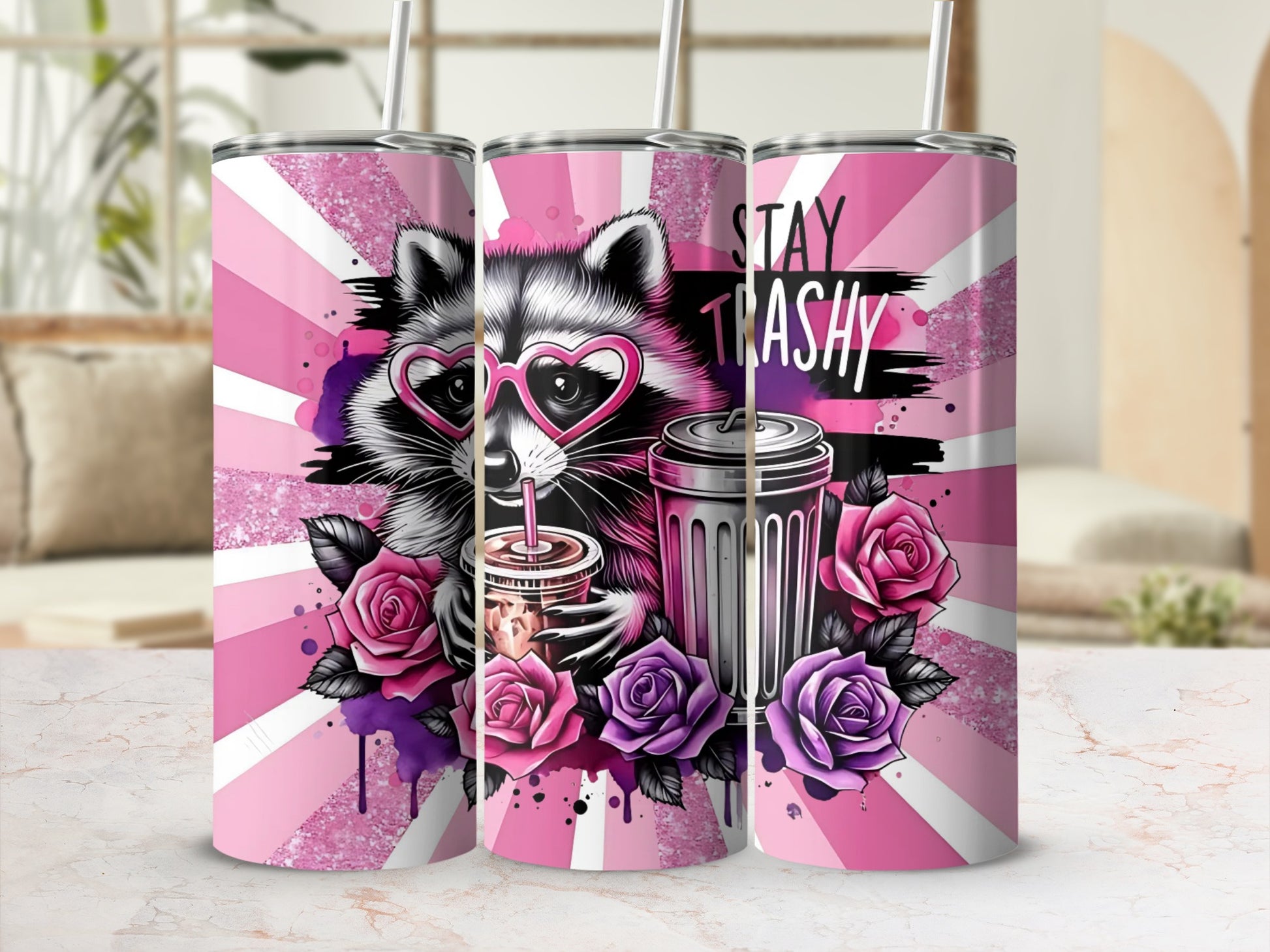 Stay Trashy Raccoon and Roses Design Tumbler Product