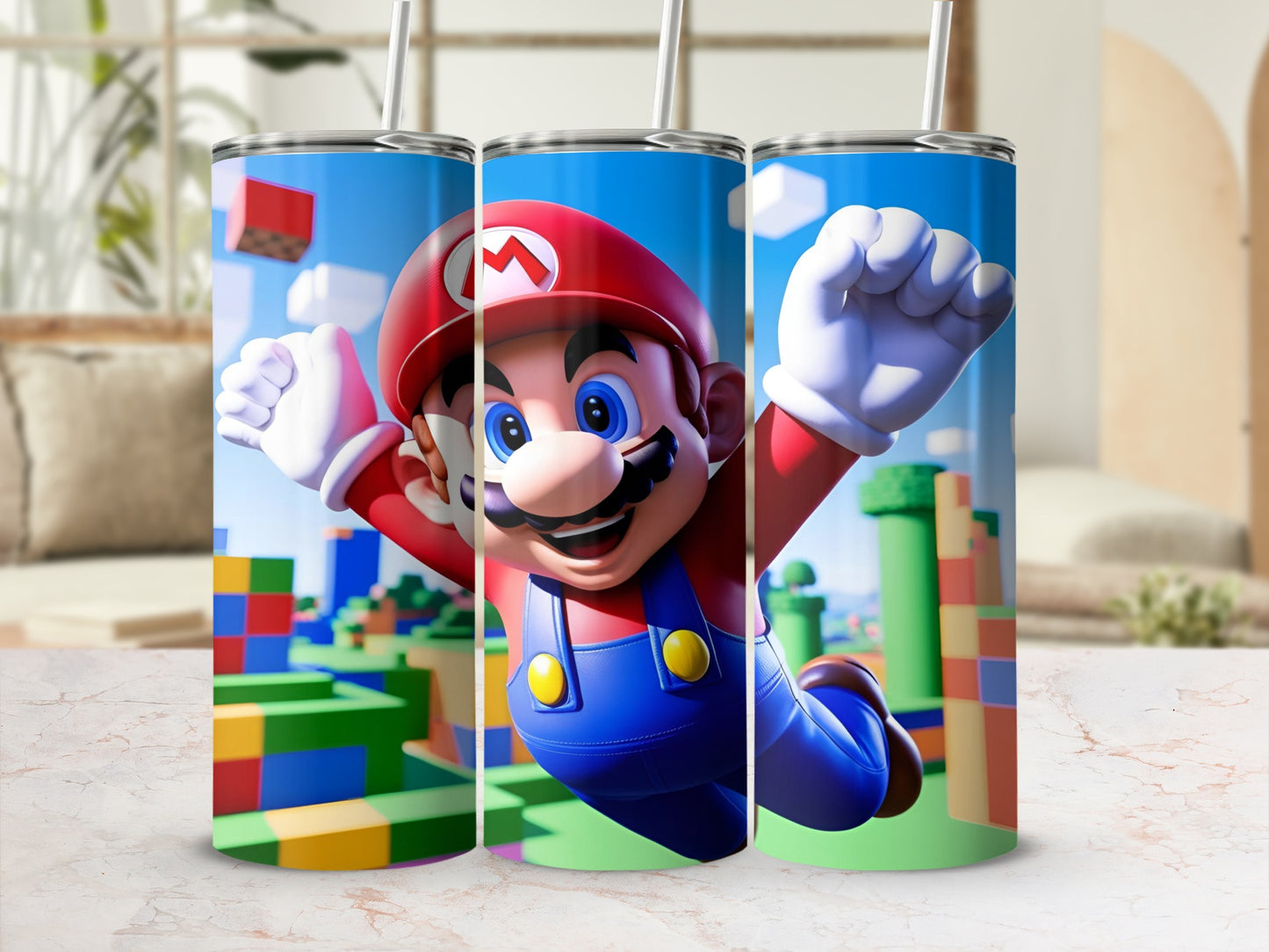 Mario leaping through a colorful Super Mario Bros. world with green pipes and blocks.