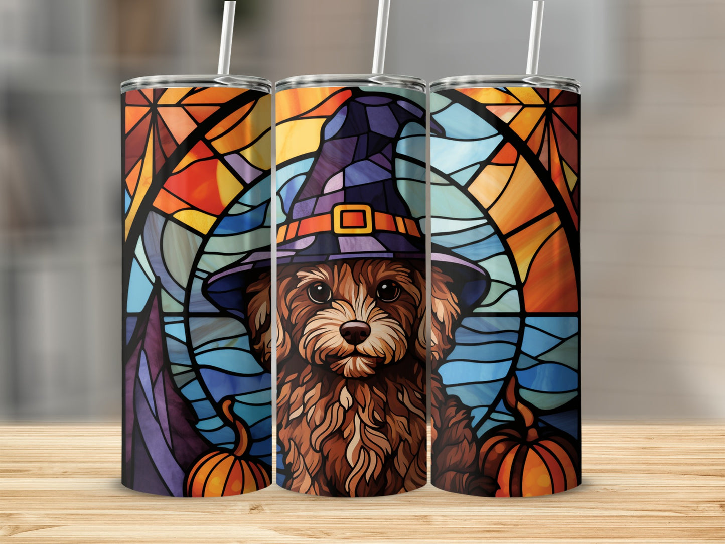 Brown dog wearing a witch hat with pumpkins, stained glass background.