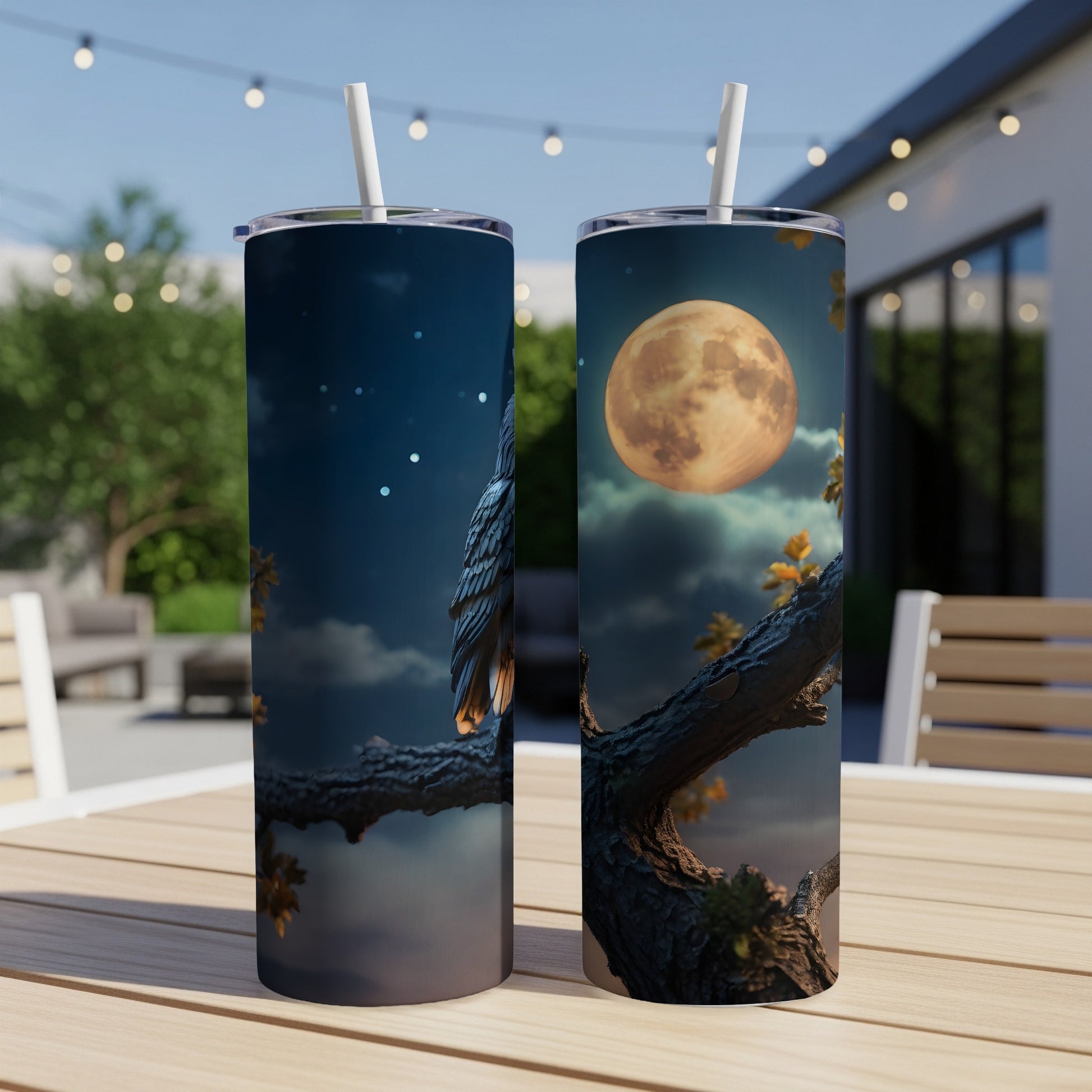Owl on a branch under a full moon, night scene, on a tumbler.