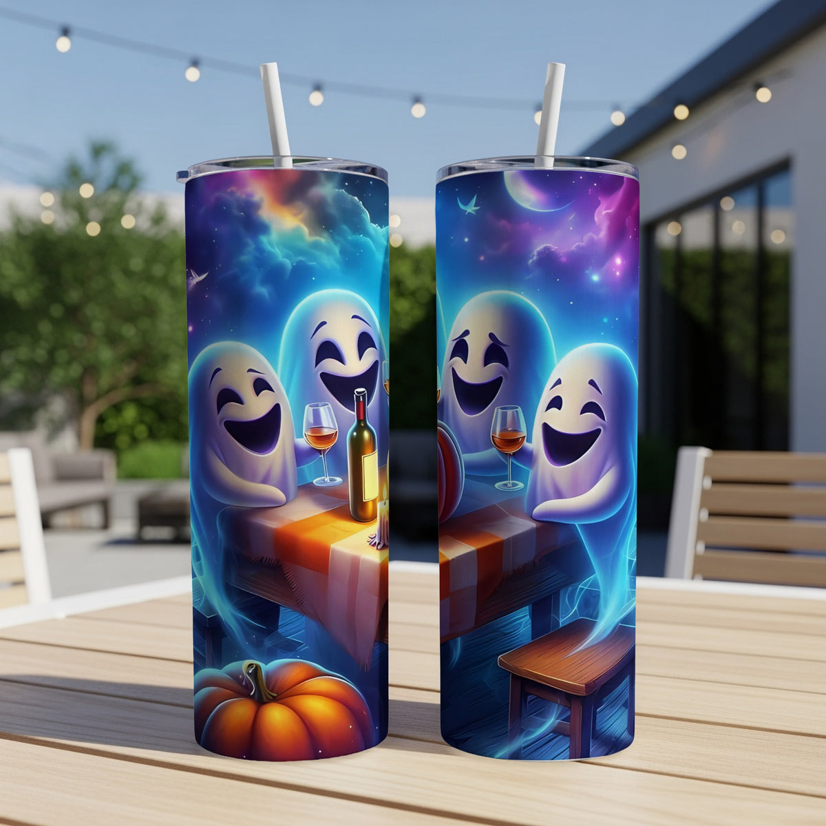 Two tumblers with smiling ghosts, wine, and a pumpkin, set against a starry night sky.