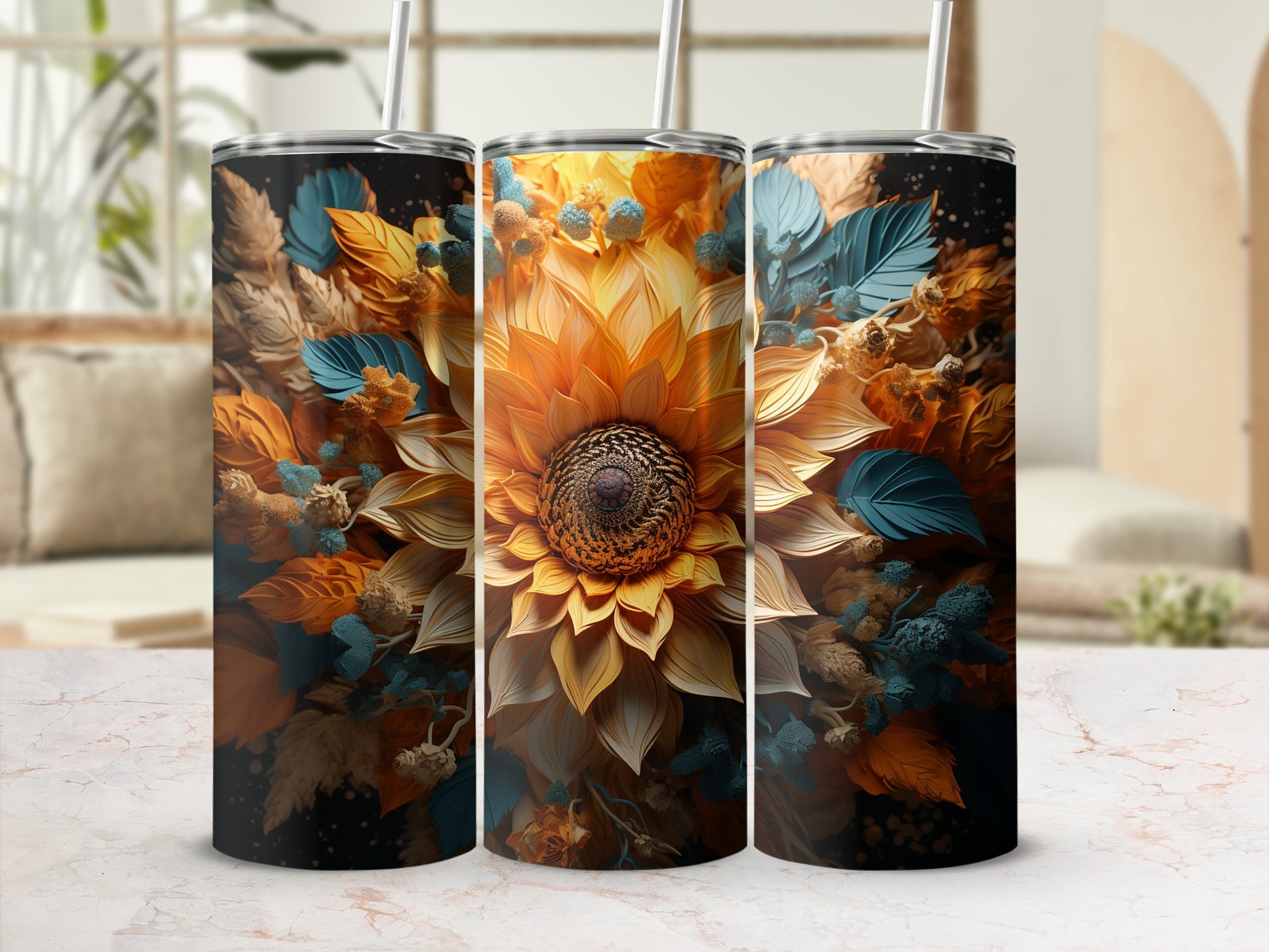Bright Sunflower and Blue Leaves Design Tumbler