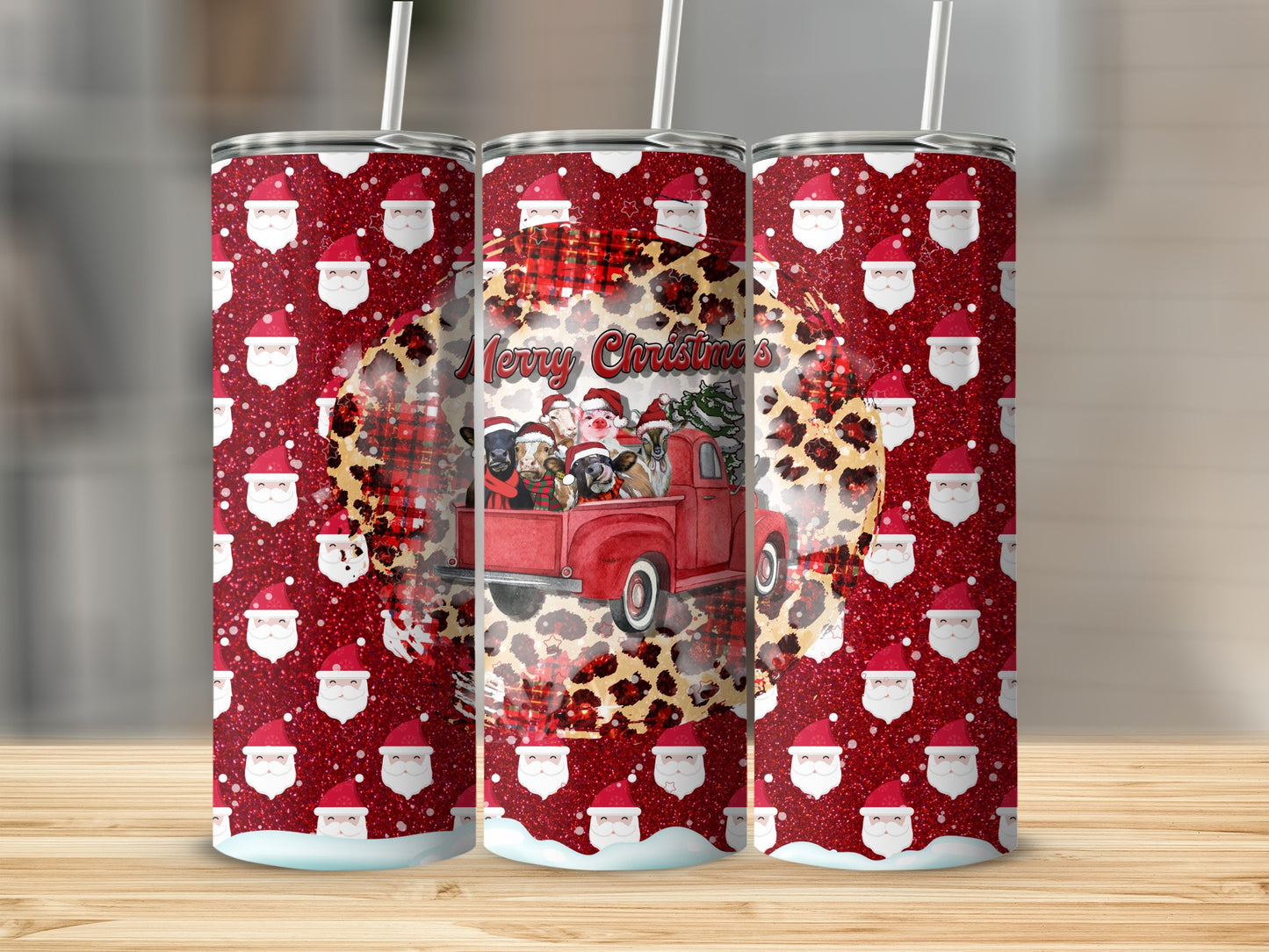 Three tumblers with red glitter, Santa faces, and a truck with dogs.