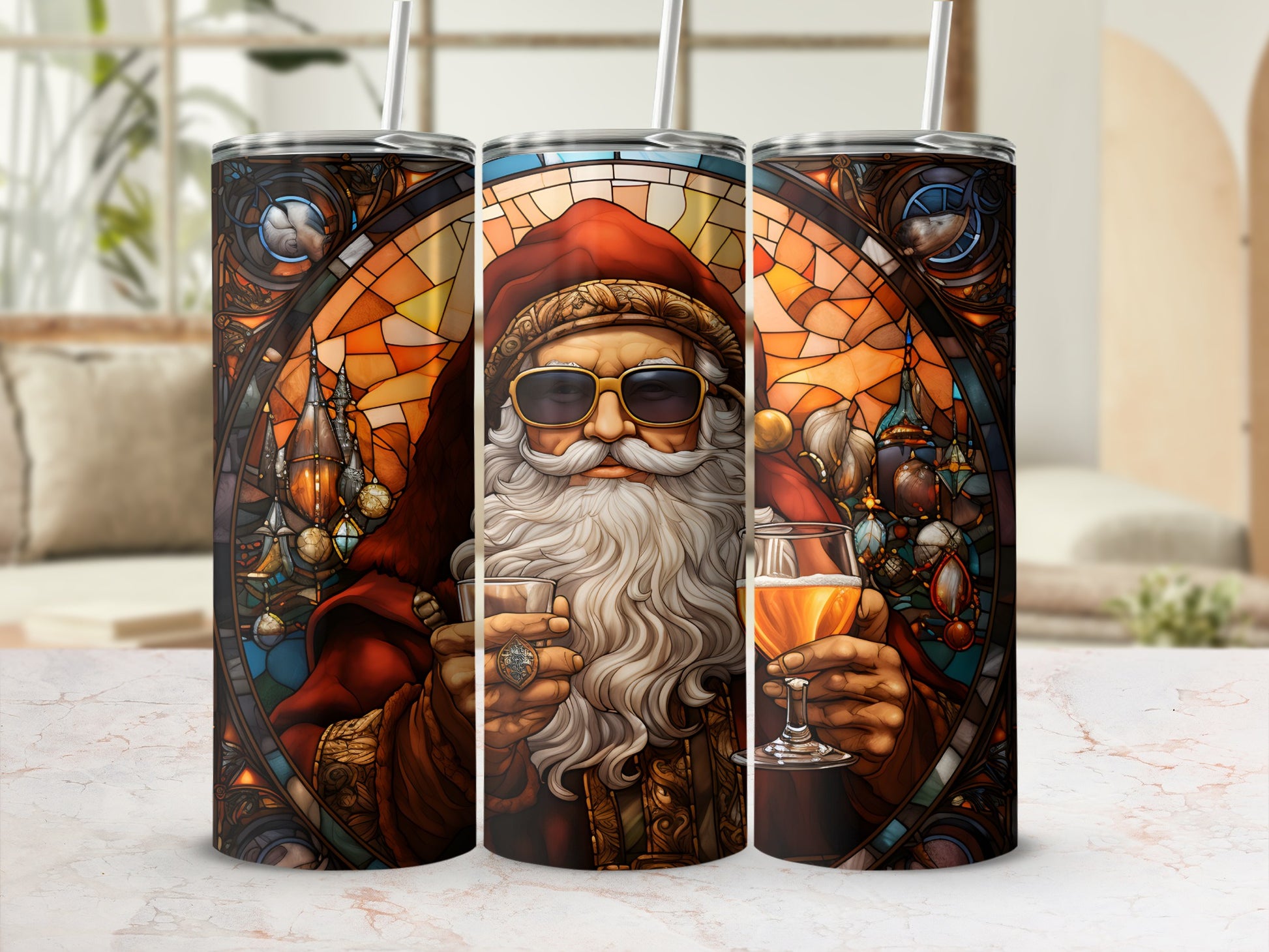 Santa Claus wearing sunglasses, holding a drink, in a stained-glass style tumbler.