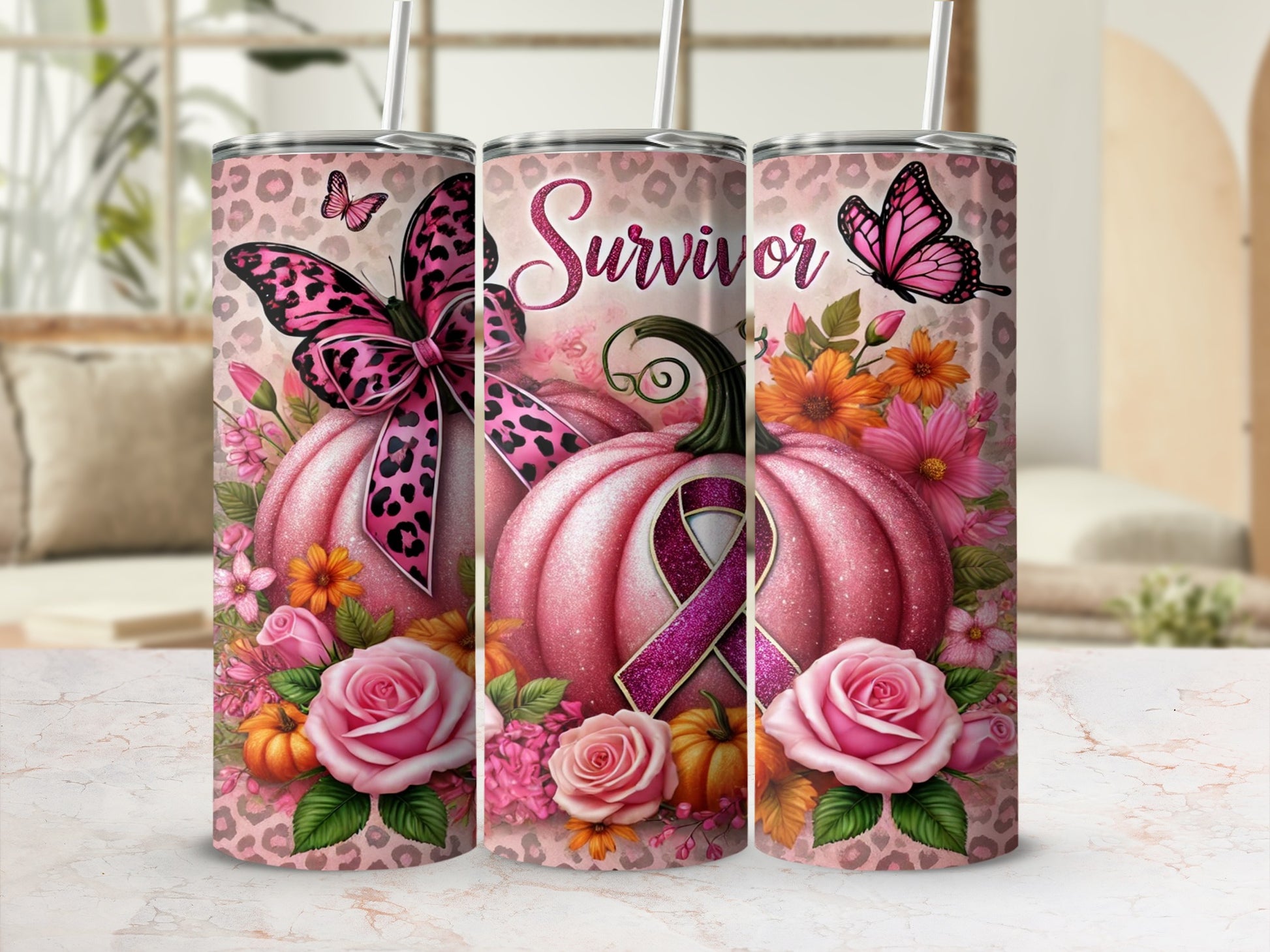 Pink pumpkin with butterfly and breast cancer ribbon, "Survivor" text.