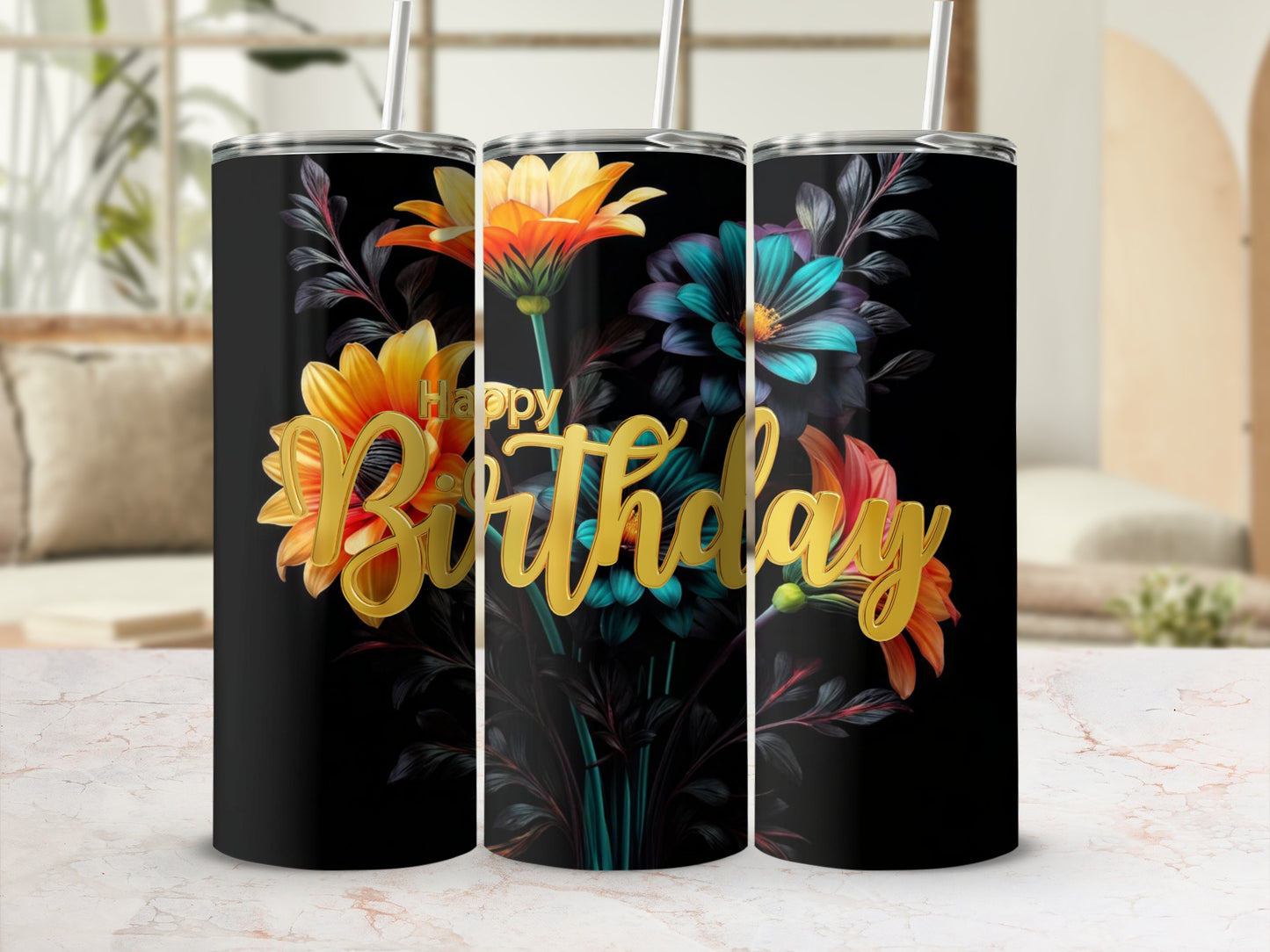 Black tumbler with "Happy Birthday" text and colorful floral design.