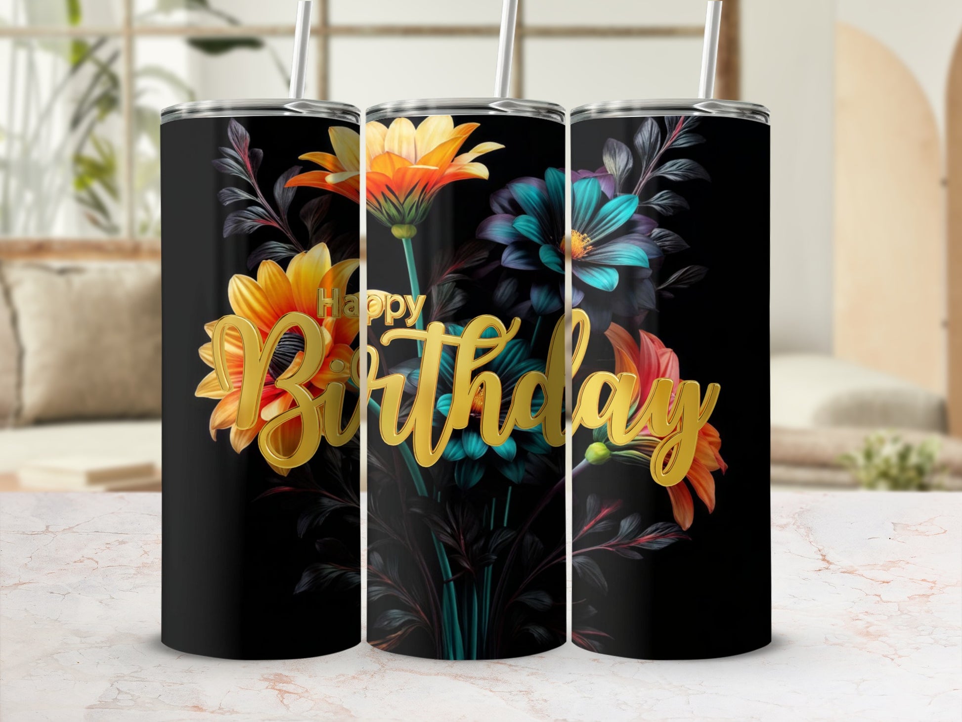 Black tumbler with "Happy Birthday" text and colorful floral design.
