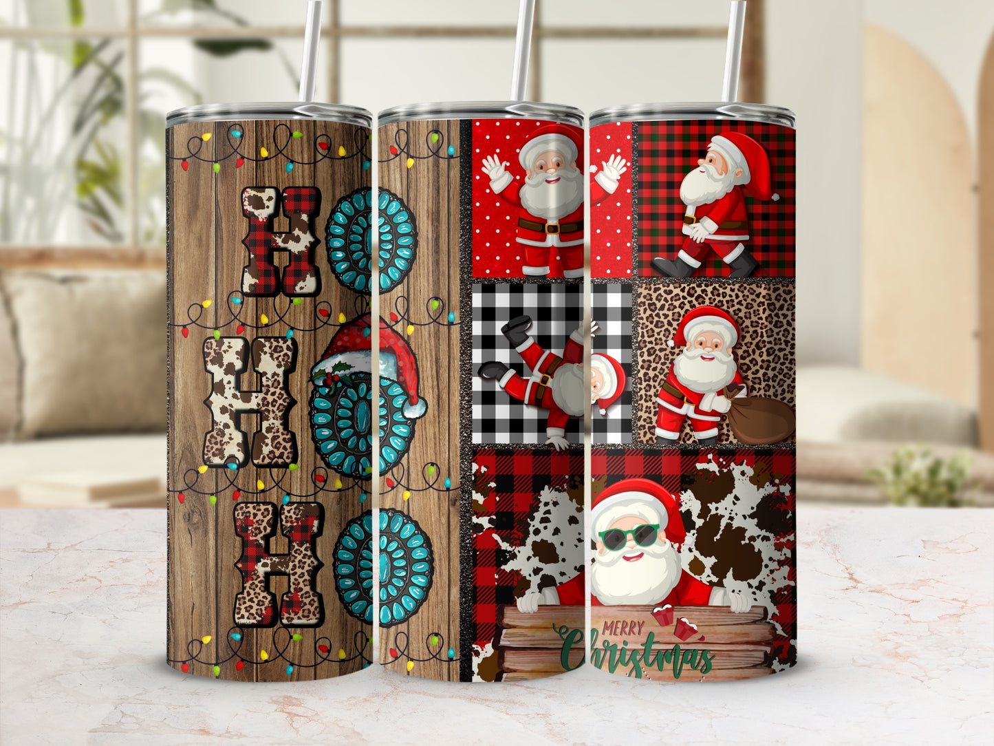 Christmas ho ho ho tumbler with Santa, buffalo plaid, and wood textures.