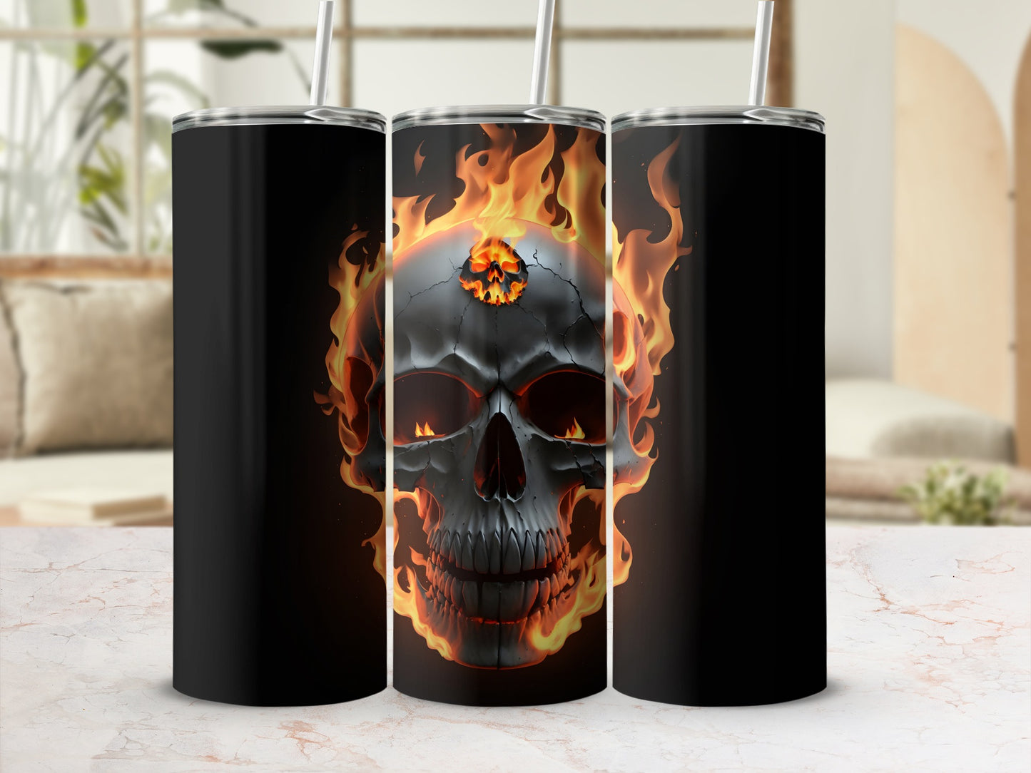 Black tumbler with a flaming skull design.