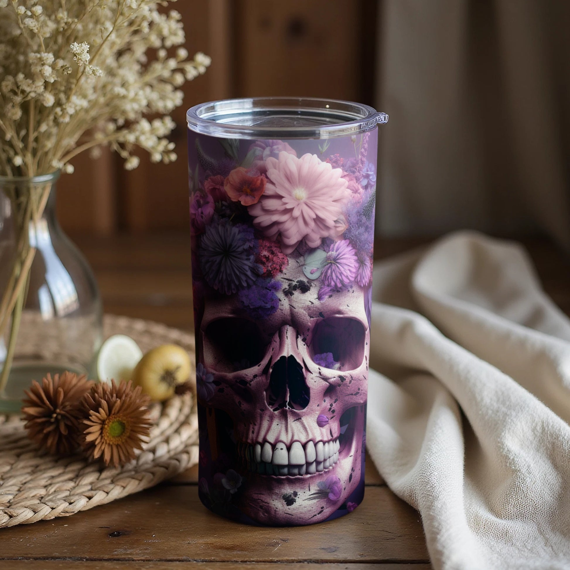Floral Skull Design Insulated Tumbler Cup