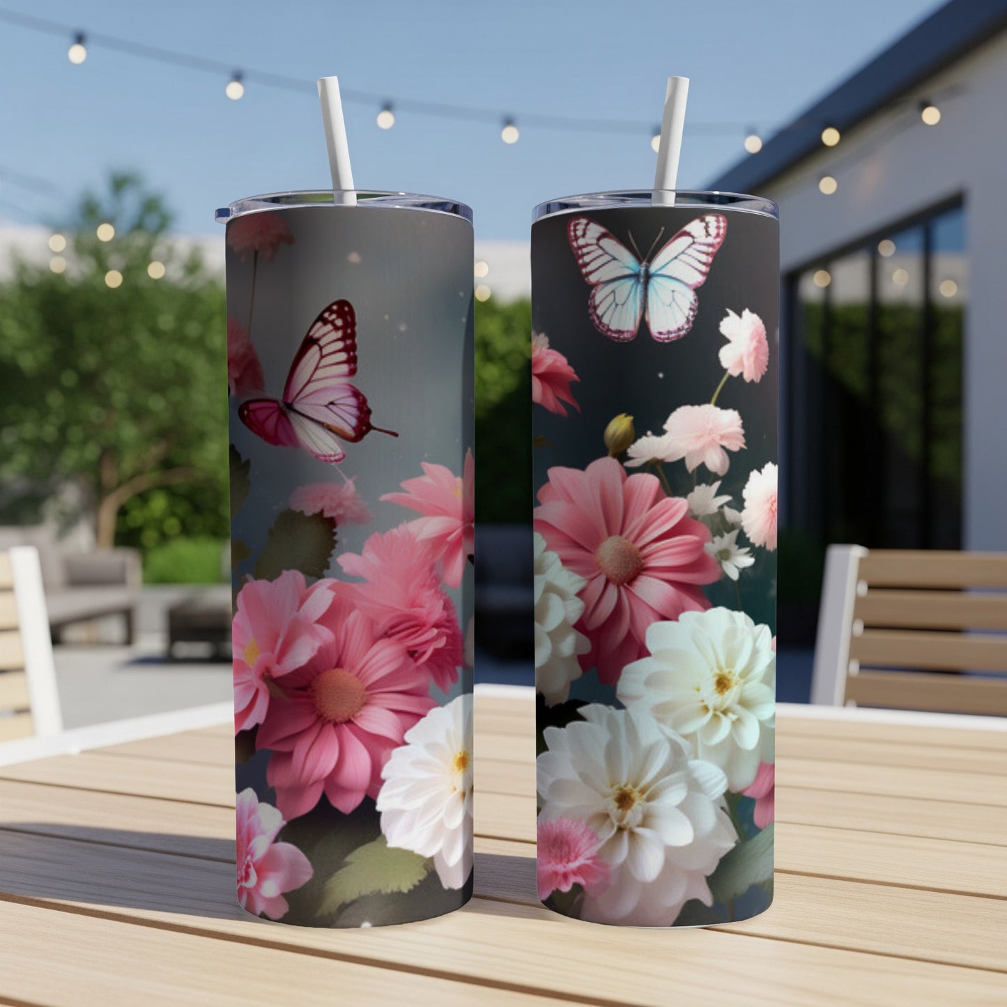Two tumblers with pink and white floral and butterfly designs.