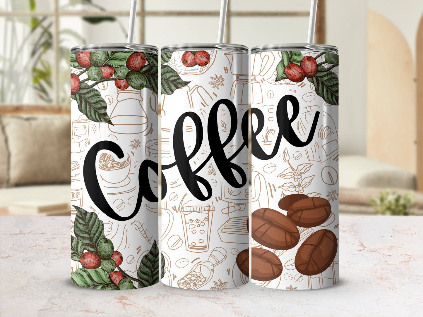 Coffee Themed Travel Tumbler for Hot or Cold Drinks