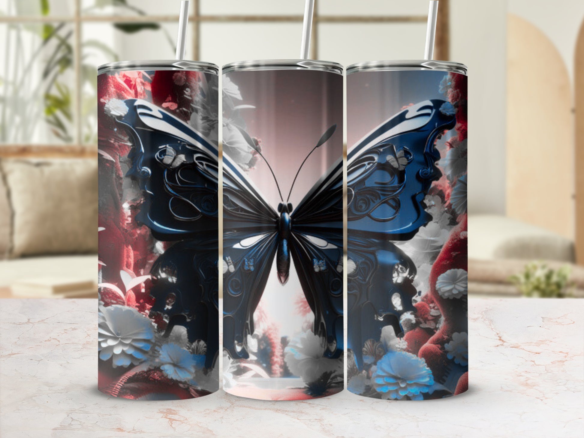 Triptych of tumblers featuring a dark blue butterfly with red and white floral accents.