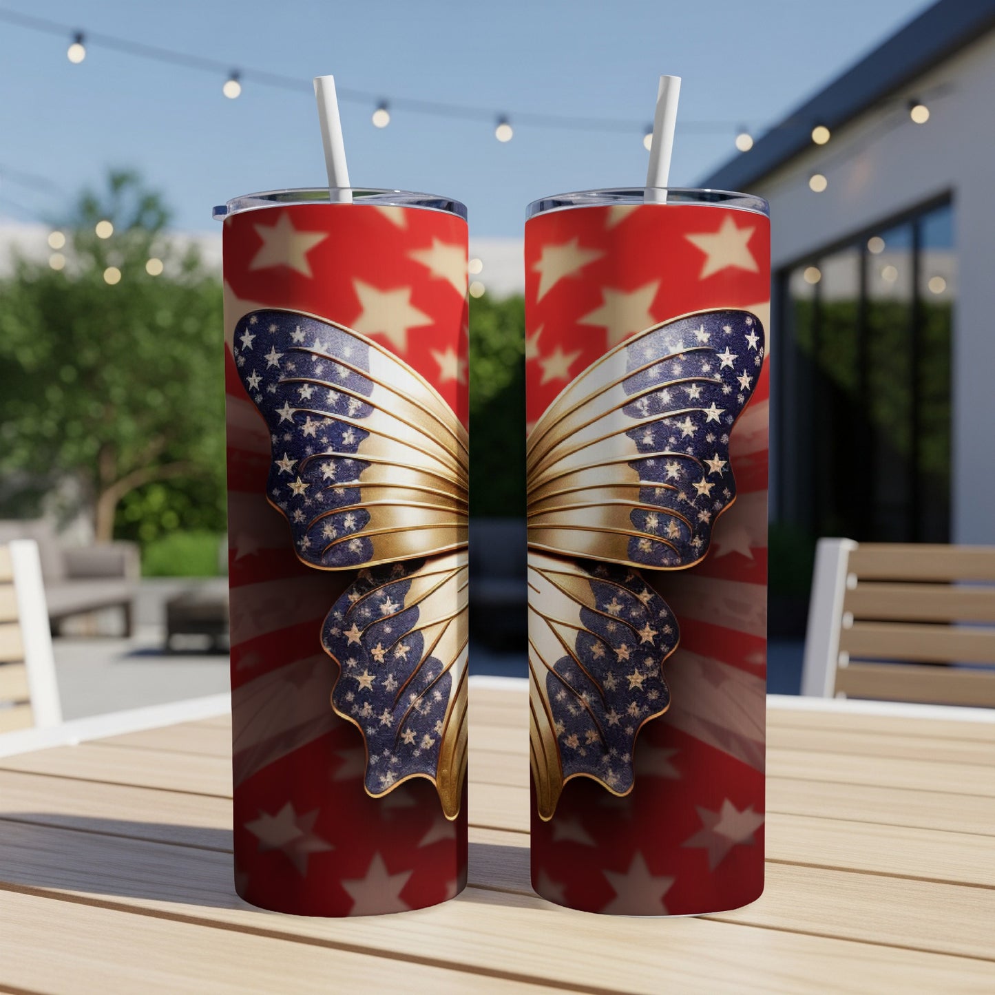 Two tumblers with a patriotic butterfly design and American flag pattern.