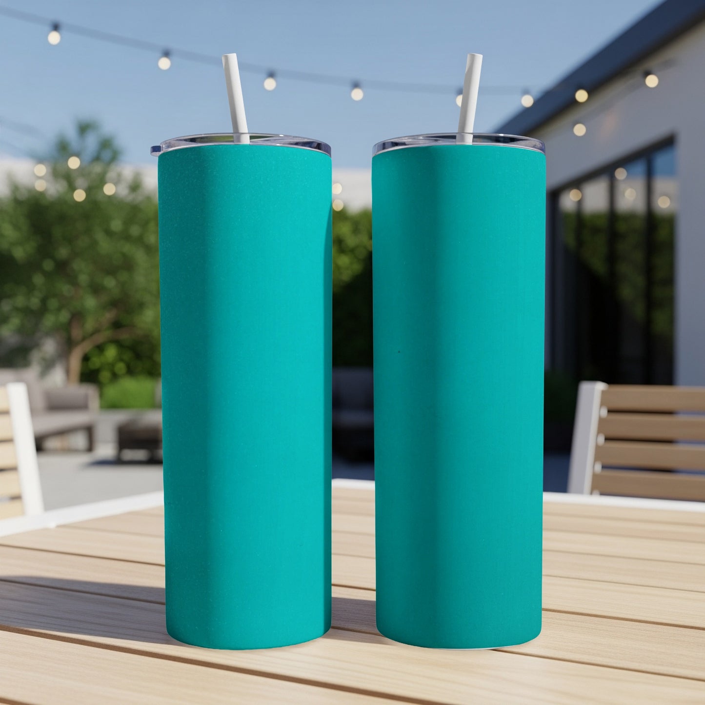 Two teal-colored tumblers with white straws sit on a wooden table.