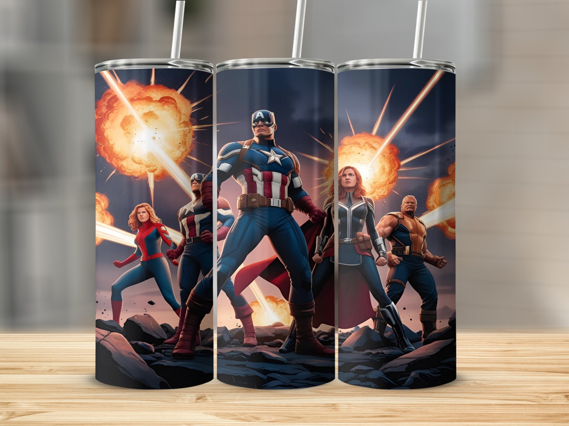 Captain America and Marvel heroes stand against explosions.