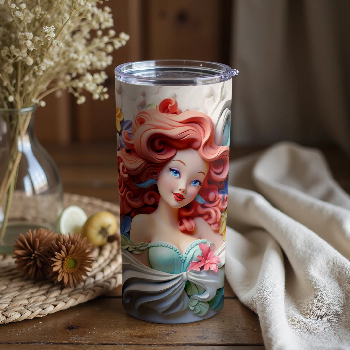 Beautifully Illustrated Tumbler with Flowing Red Hair Design