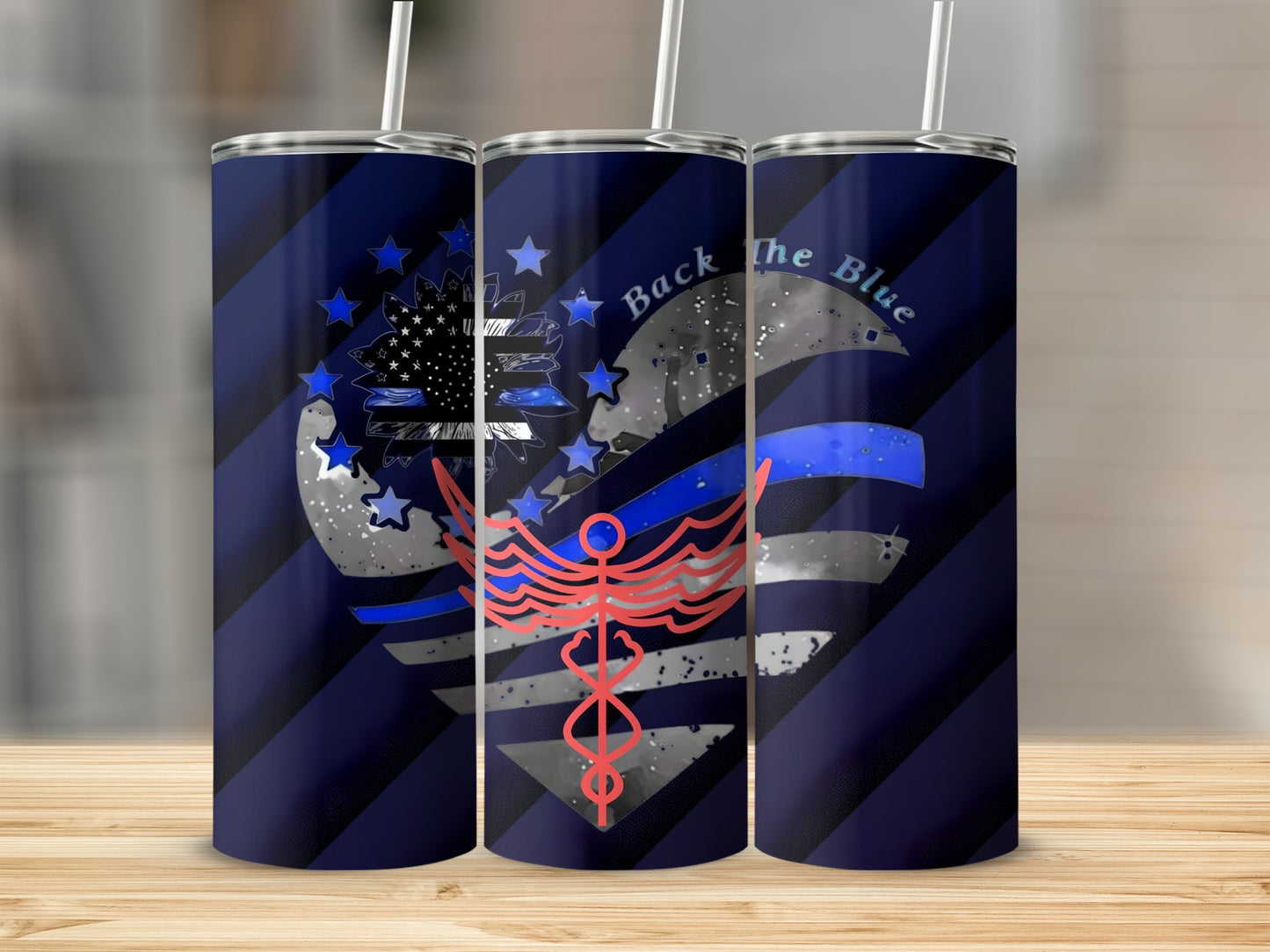 Back The Blue American Flag and Caduceus Stainless Steel Tumbler