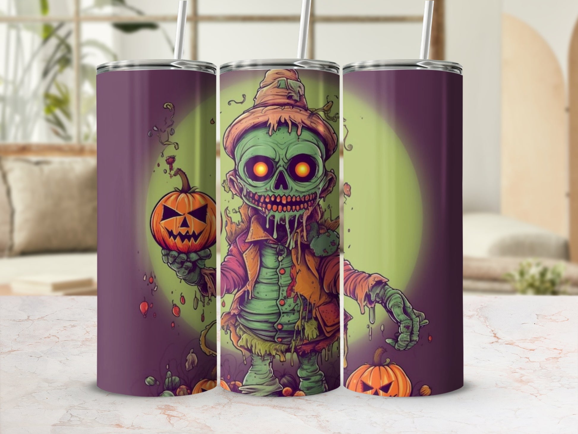 Three tumblers feature a green zombie holding a pumpkin and wearing a hat.