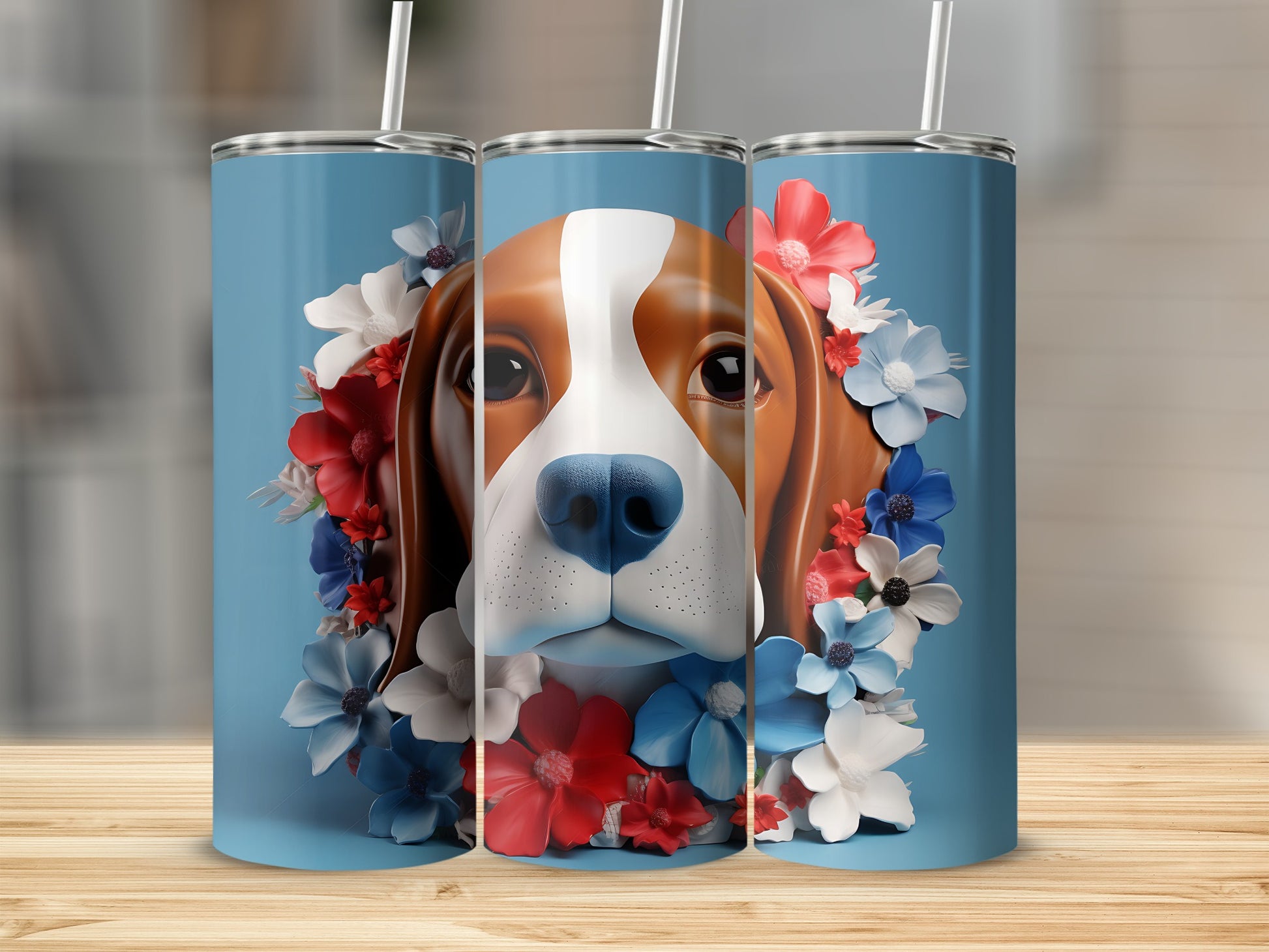 Beagle wearing patriotic flowers on blue tumbler.