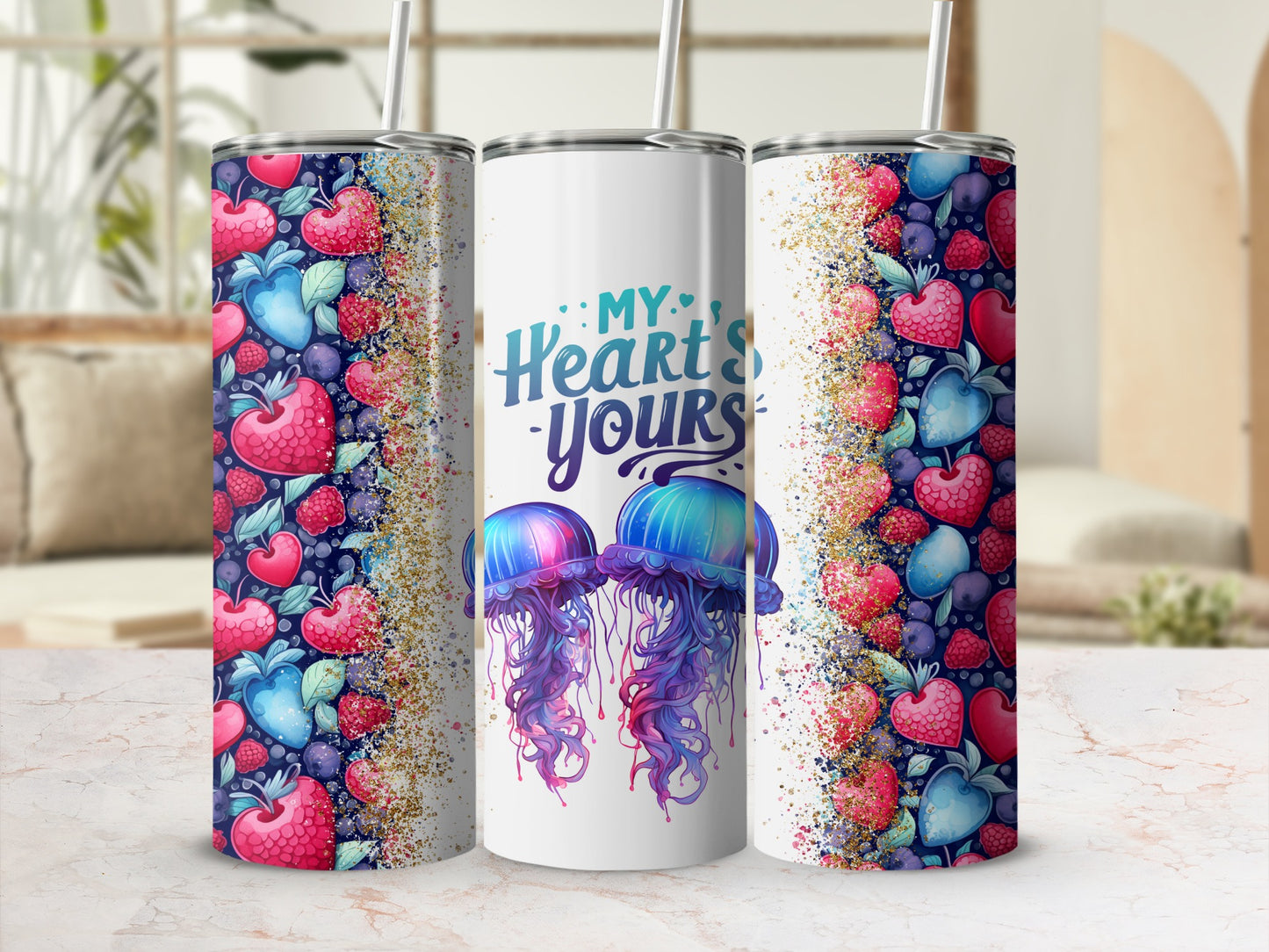 Colorful Fruit and Jellyfish Themed Tumbler with Straw
