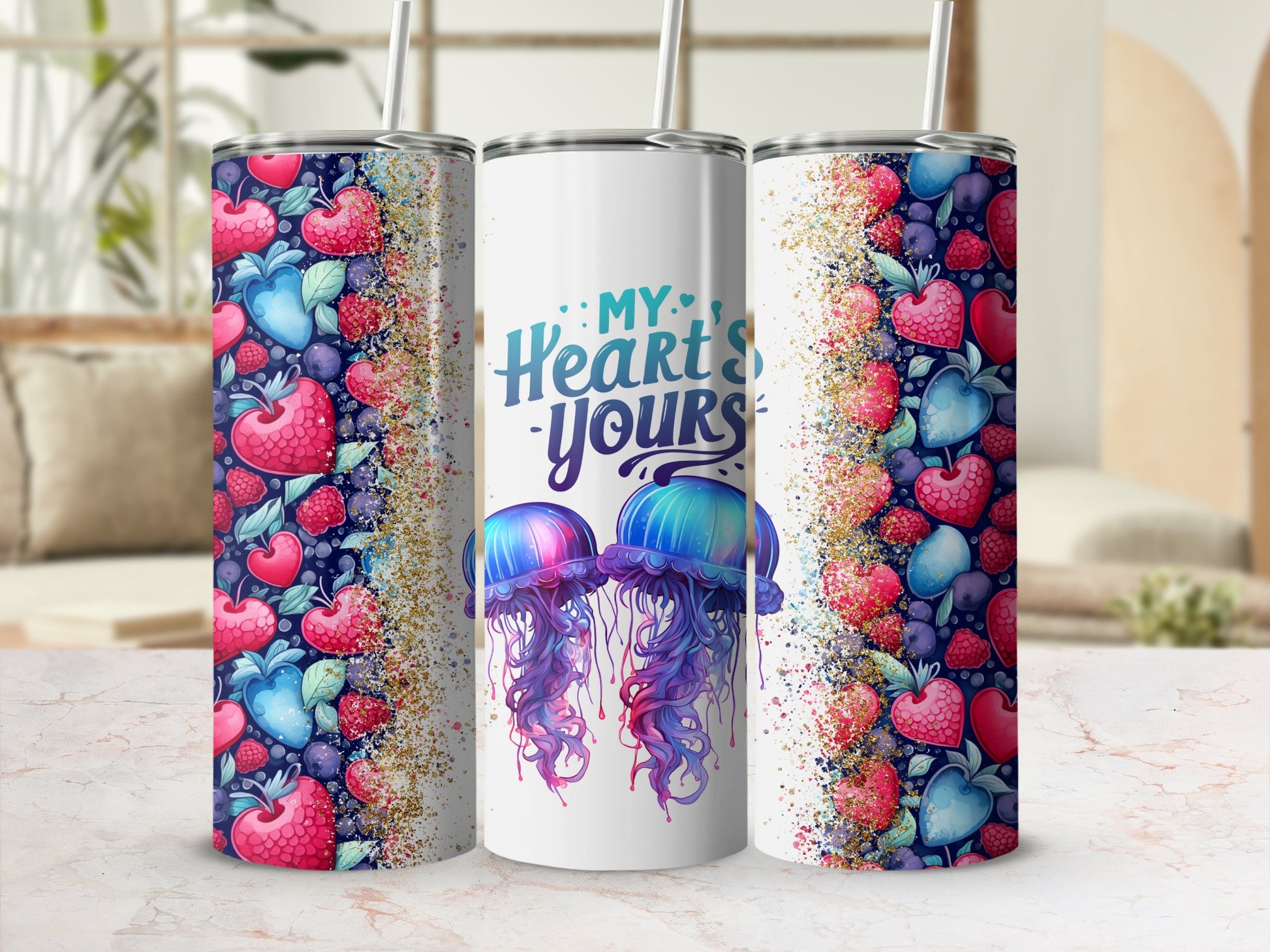 Colorful Fruit and Jellyfish Themed Tumbler with Straw