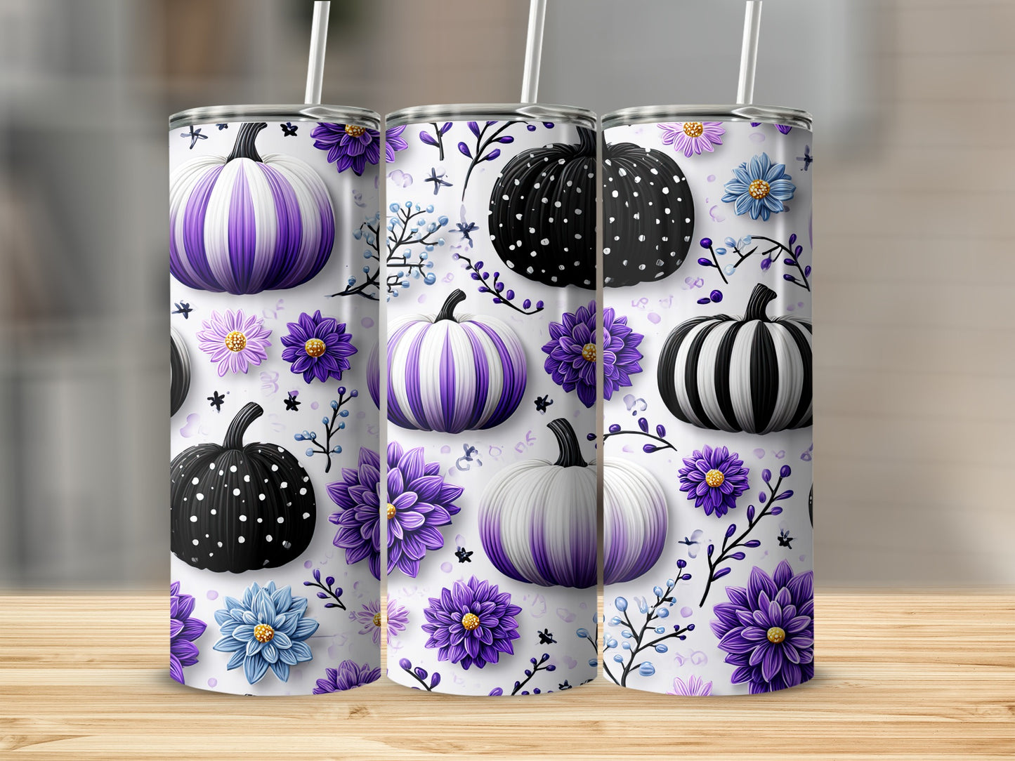 Purple and Black Halloween Theme Floral Tumbler