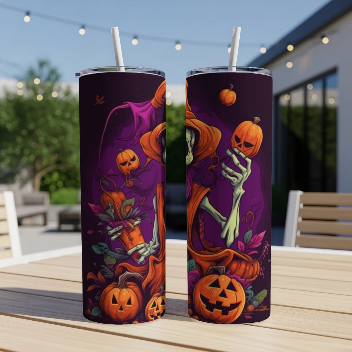 Two tumblers with a spooky skeleton and pumpkin Halloween design.