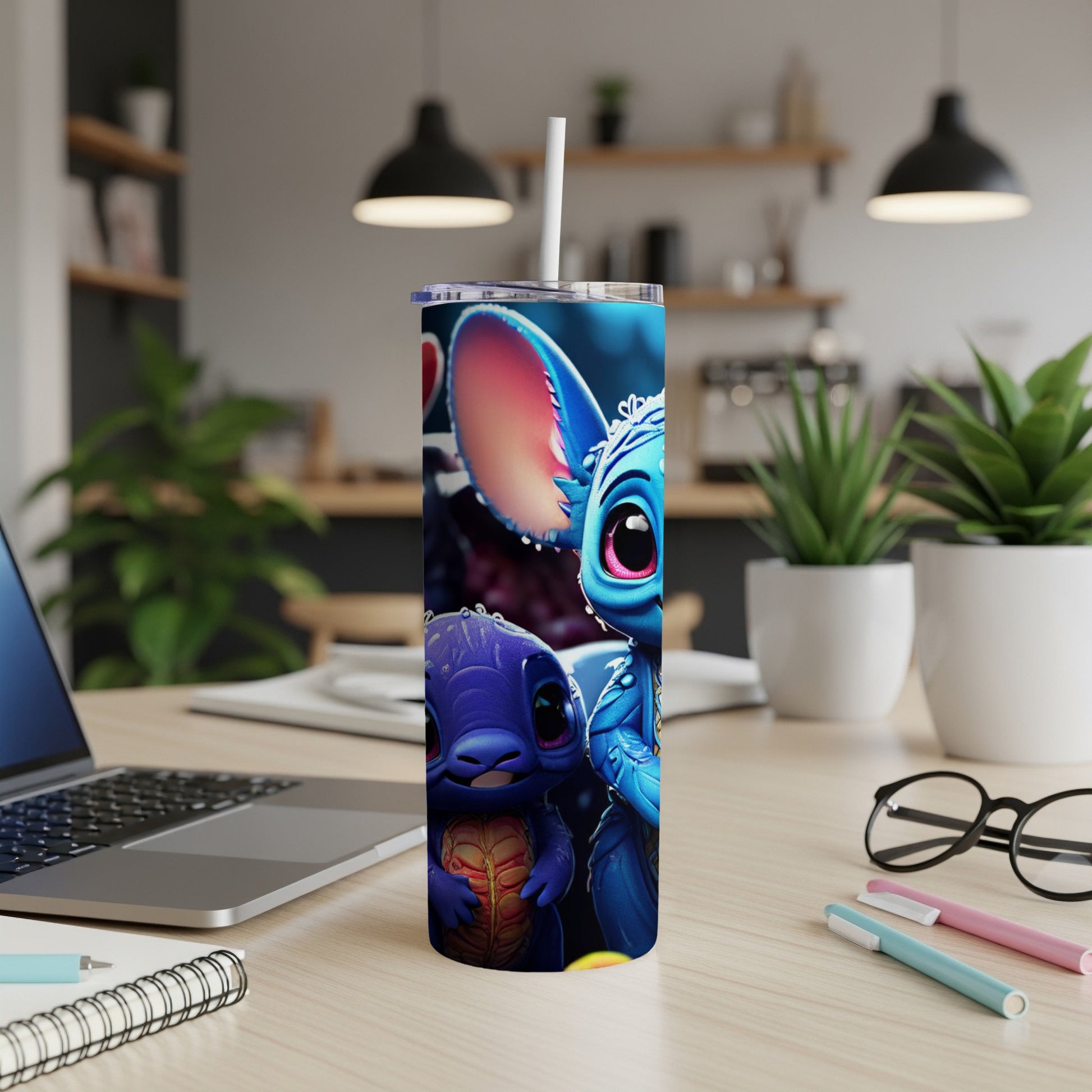 Two cartoon characters, Stitch and Scrump, on a blue insulated tumbler.