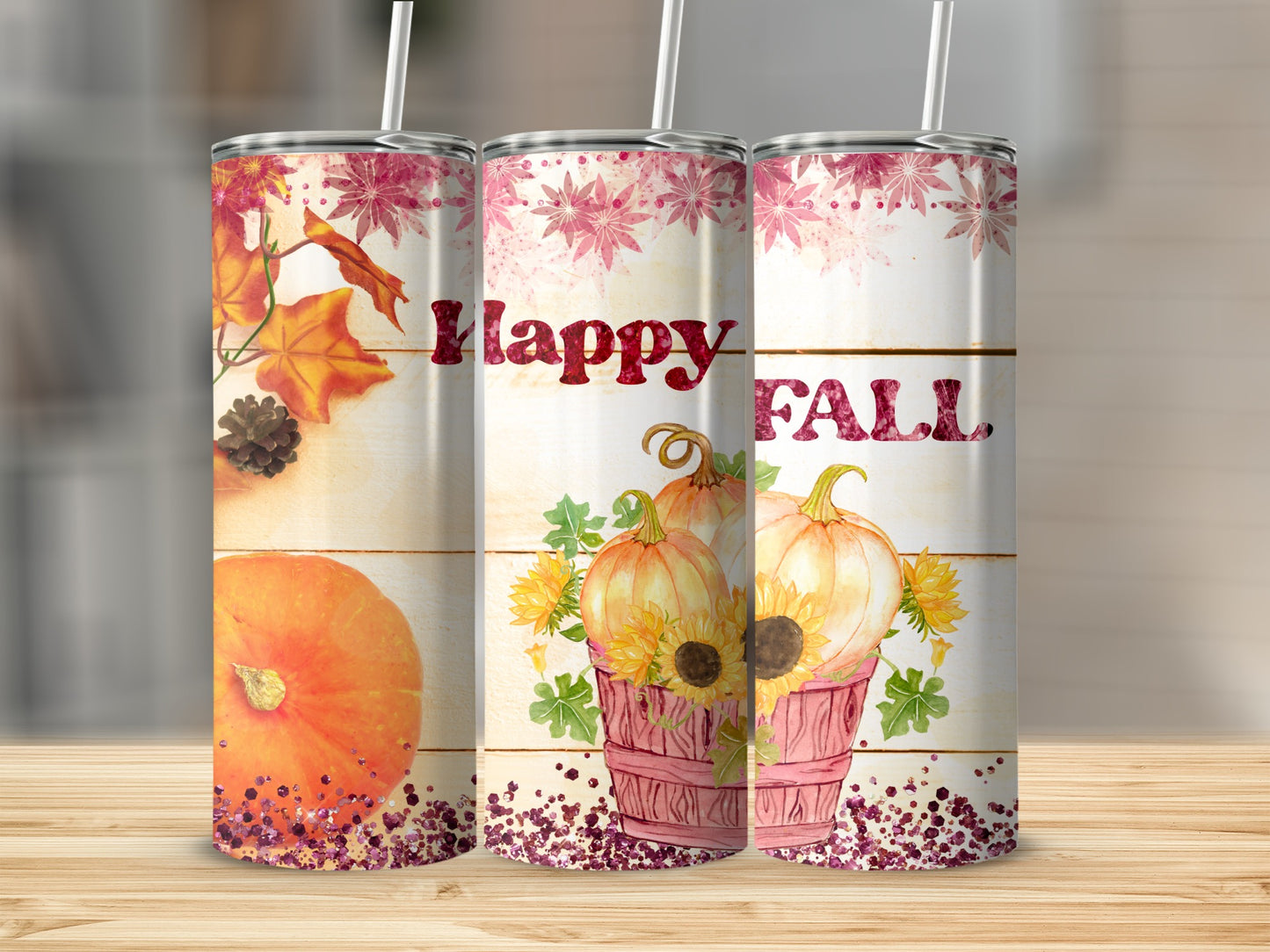 Three tumblers with autumn leaves, pumpkins, and "Happy FALL" text.