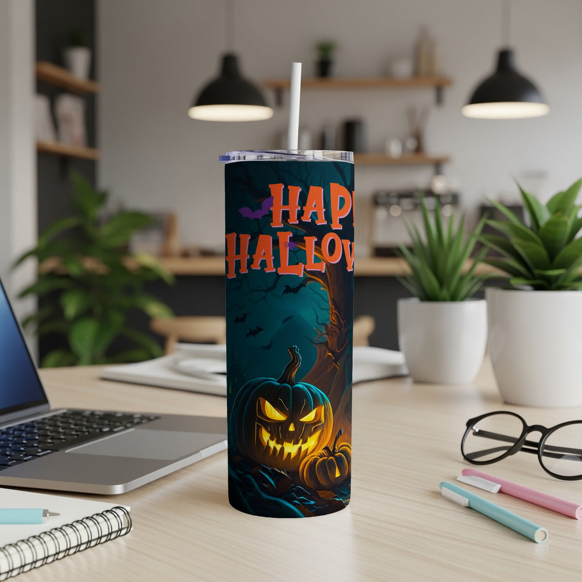 Tall Halloween tumbler with "Happy Halloween" text, spooky pumpkins, and bats.