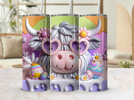 Easter cow tumbler with heart sunglasses, floral accents, and colorful eggs.