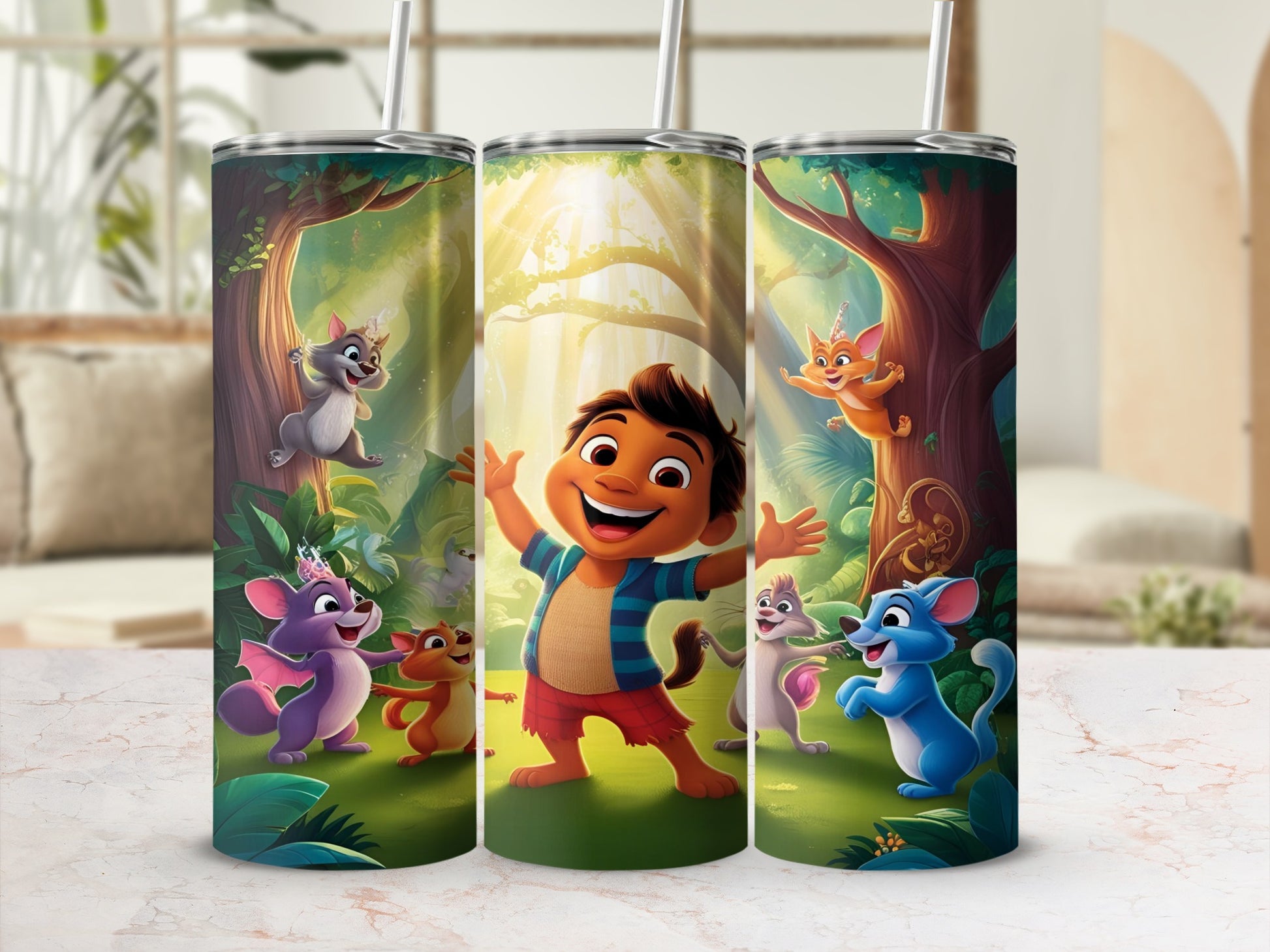 Boy and cartoon animals in a forest setting on a tumbler.