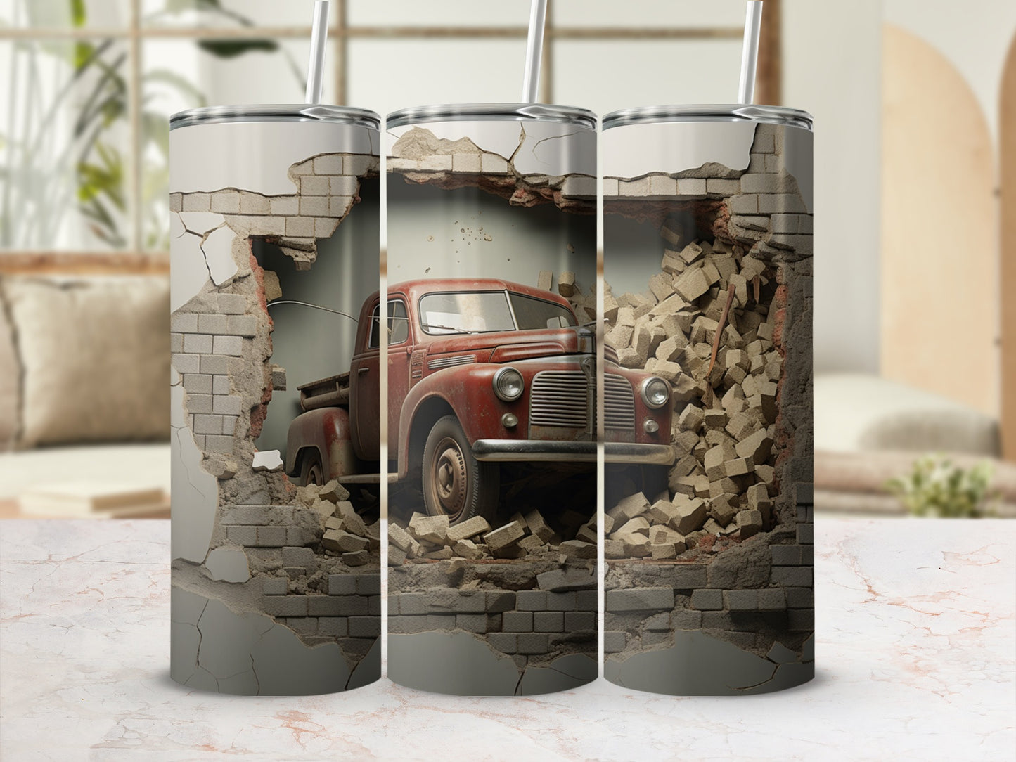 Vintage Red Truck Crashing Through Brick Wall Tumbler
