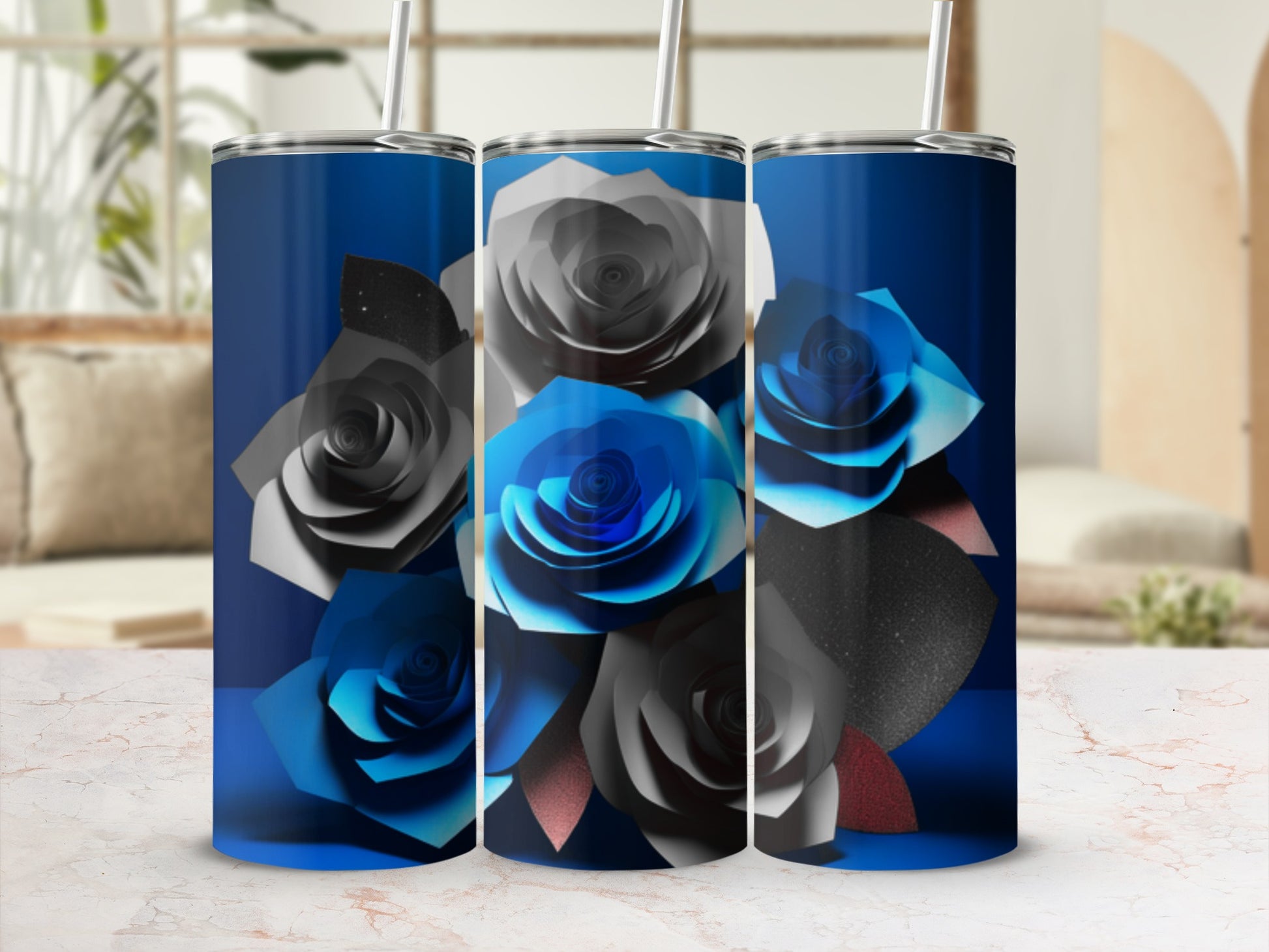 Three tumblers featuring blue and gray paper roses against a dark blue background.