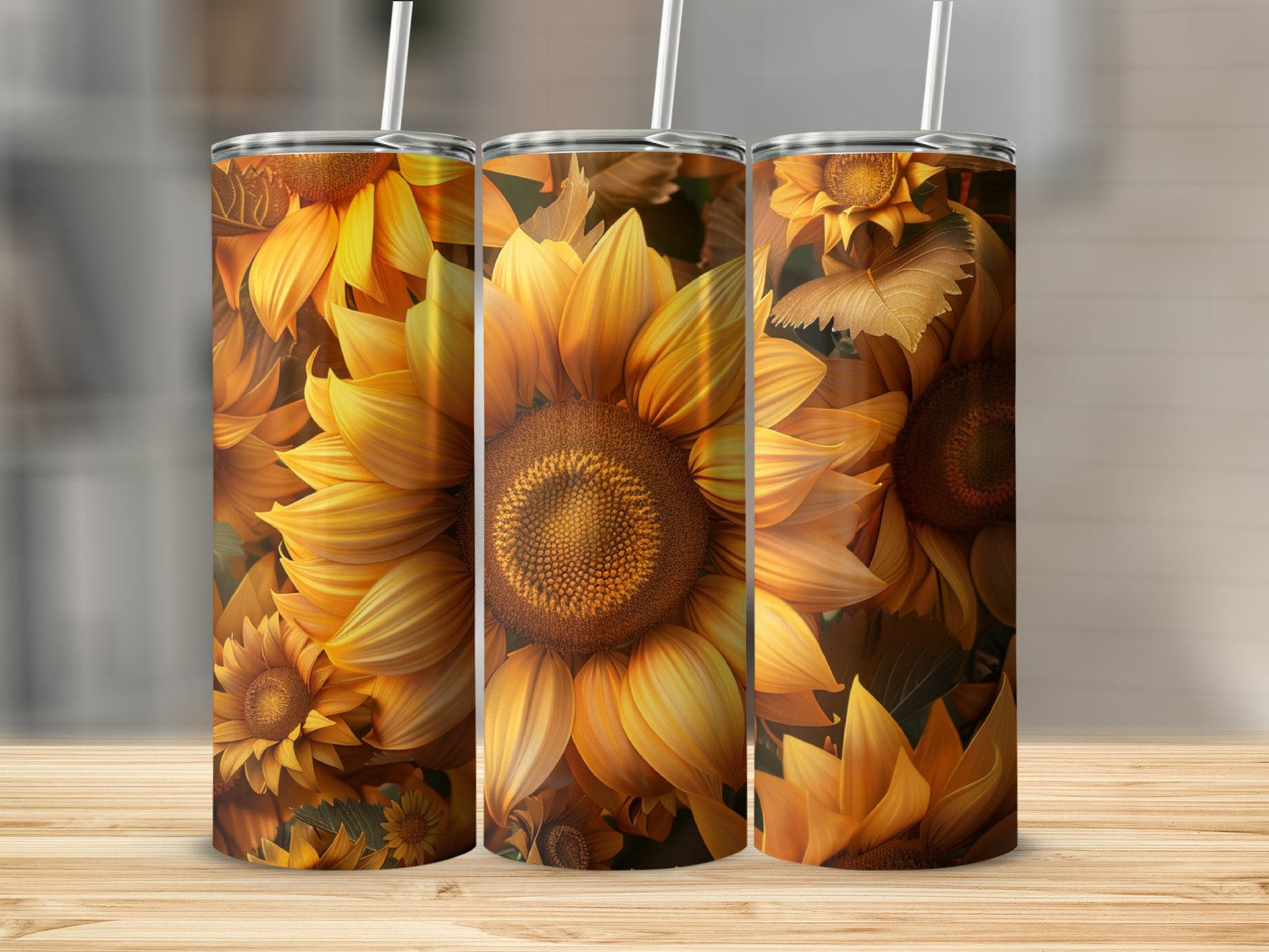 Three tall tumblers featuring a close-up of golden sunflowers.