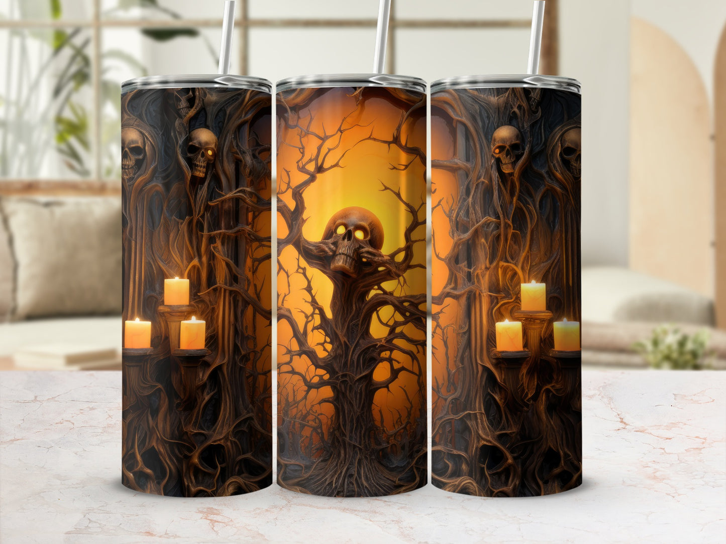 Tumblers with Halloween design of skulls, spooky trees, and lit candles.