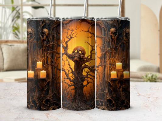 Tumblers with Halloween design of skulls, spooky trees, and lit candles.