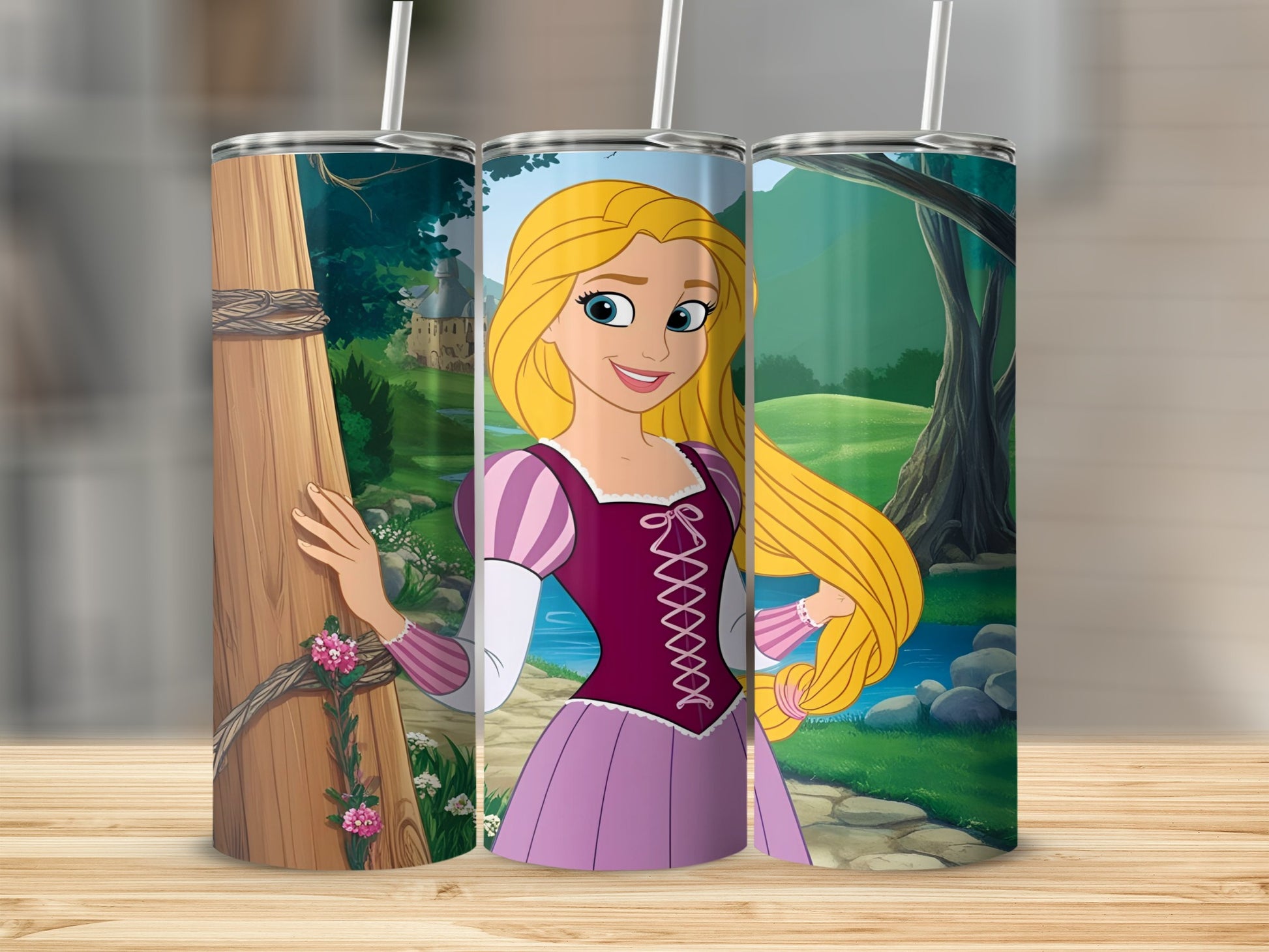 Rapunzel from Tangled smiling, in a purple and pink dress, against a forest backdrop.